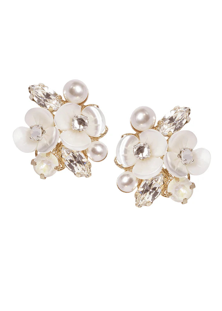 Elizabeth Bower Trillium Pearl & Crystal Cluster Stud Earrings in Gold - Elegant Jewelry for Women, Perfect for Weddings, Parties & Special Occasions