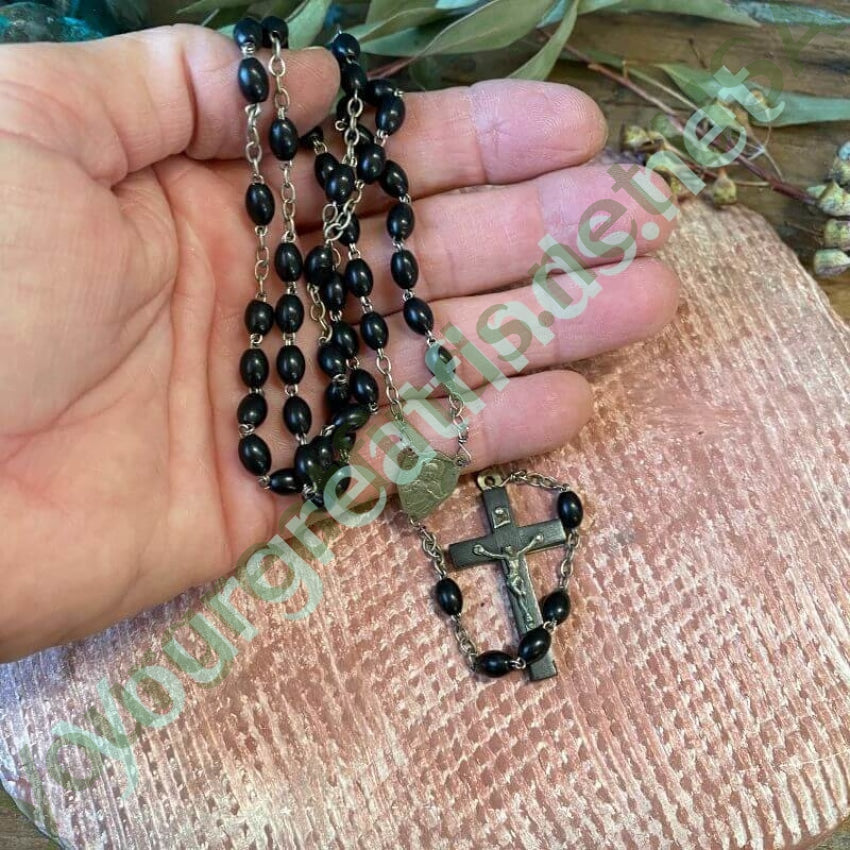 Vintage French Black Bead Rosary with Wooden Crucifix - Catholic Prayer Beads for Meditation, Devotion & Spiritual Gifts - Perfect for Religious Ceremonies, Daily Prayer & Thoughtful Present
