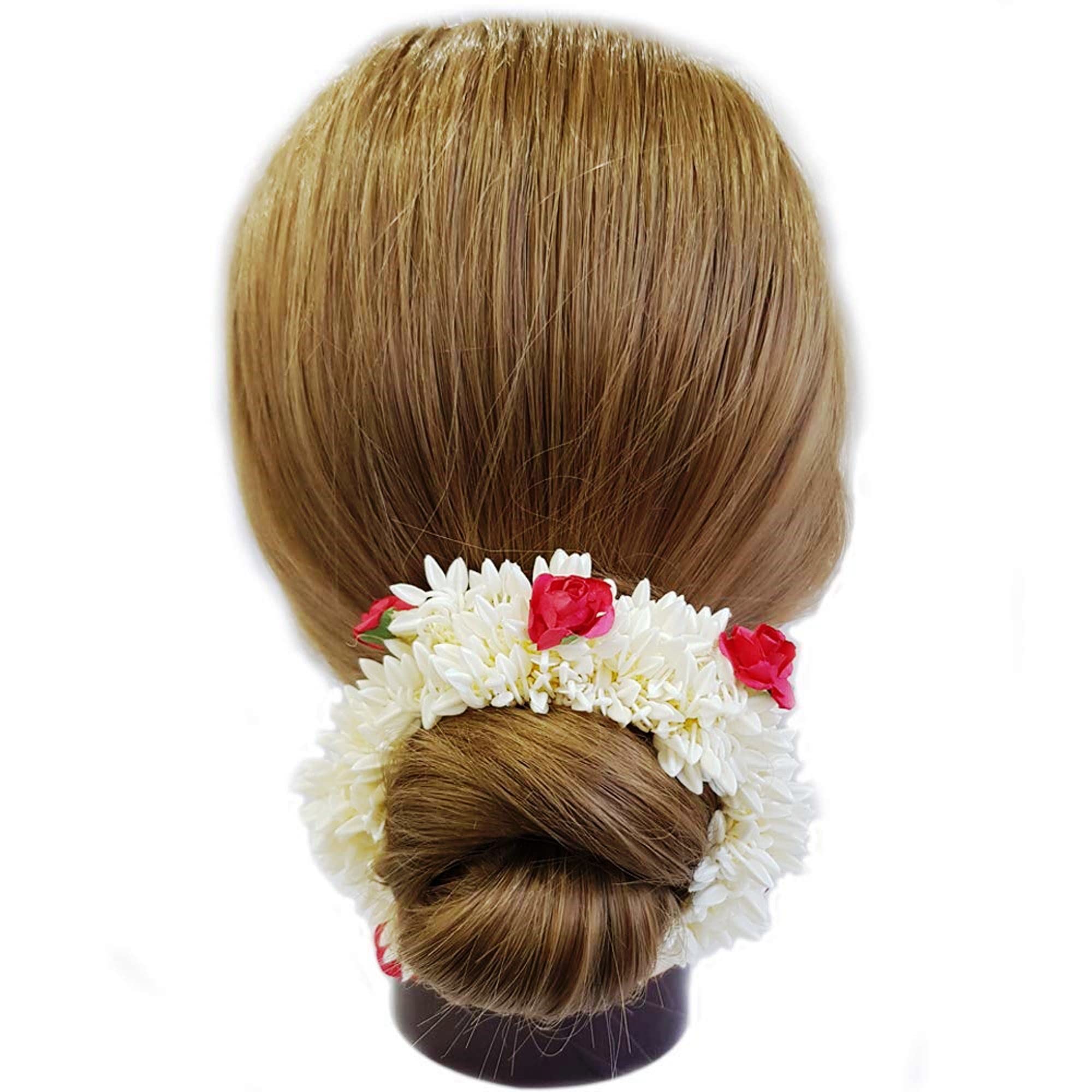 Pack of 2 Artificial Mogra & Rose Rubber Band Hair Flowers - Plastic Gajra Hair Accessories for Women & Girls - Perfect for Weddings, Parties & Traditional Outfits