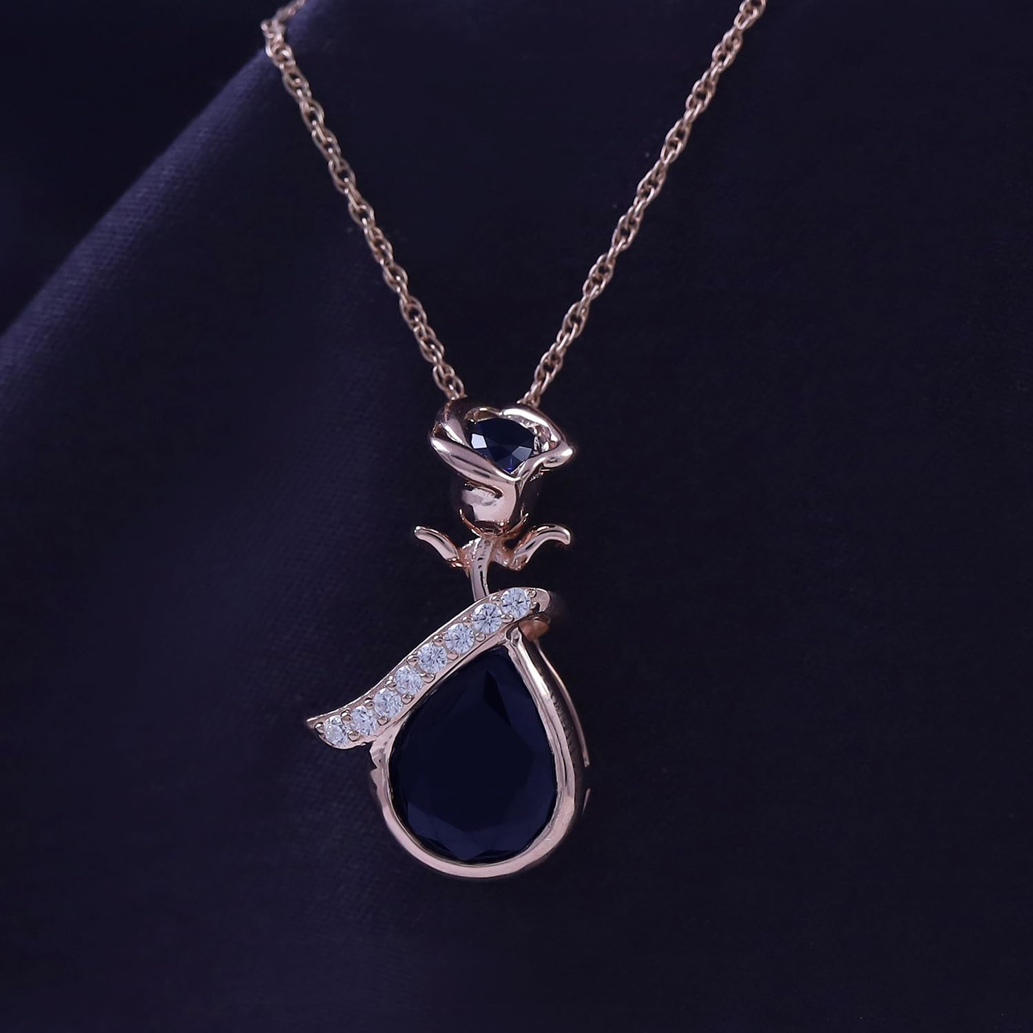 14K Rose Gold Over Sterling Silver Simulated Birthstone Teardrop Pendant Necklace with Floral Bezel Setting - Elegant Jewelry Gift for Women, Perfect for Anniversaries, Birthdays & Special Occasions