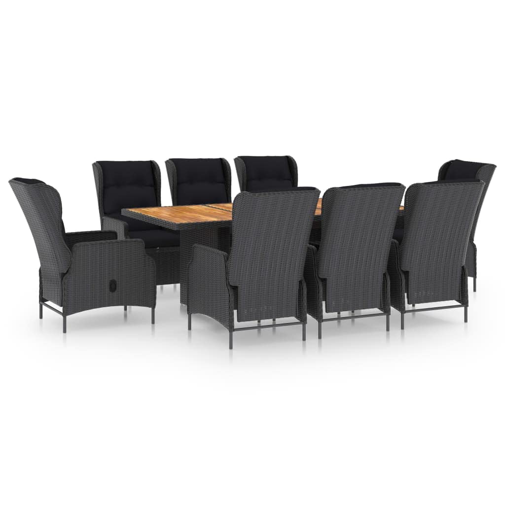 Premium 9-Piece Patio Dining Set with Adjustable Reclining Chairs - Dark Gray Poly Rattan Outdoor Furniture Set with Acacia Wood Table & Thick Cushions - Perfect for Garden, Backyard, Balcony or Poolside Relaxation