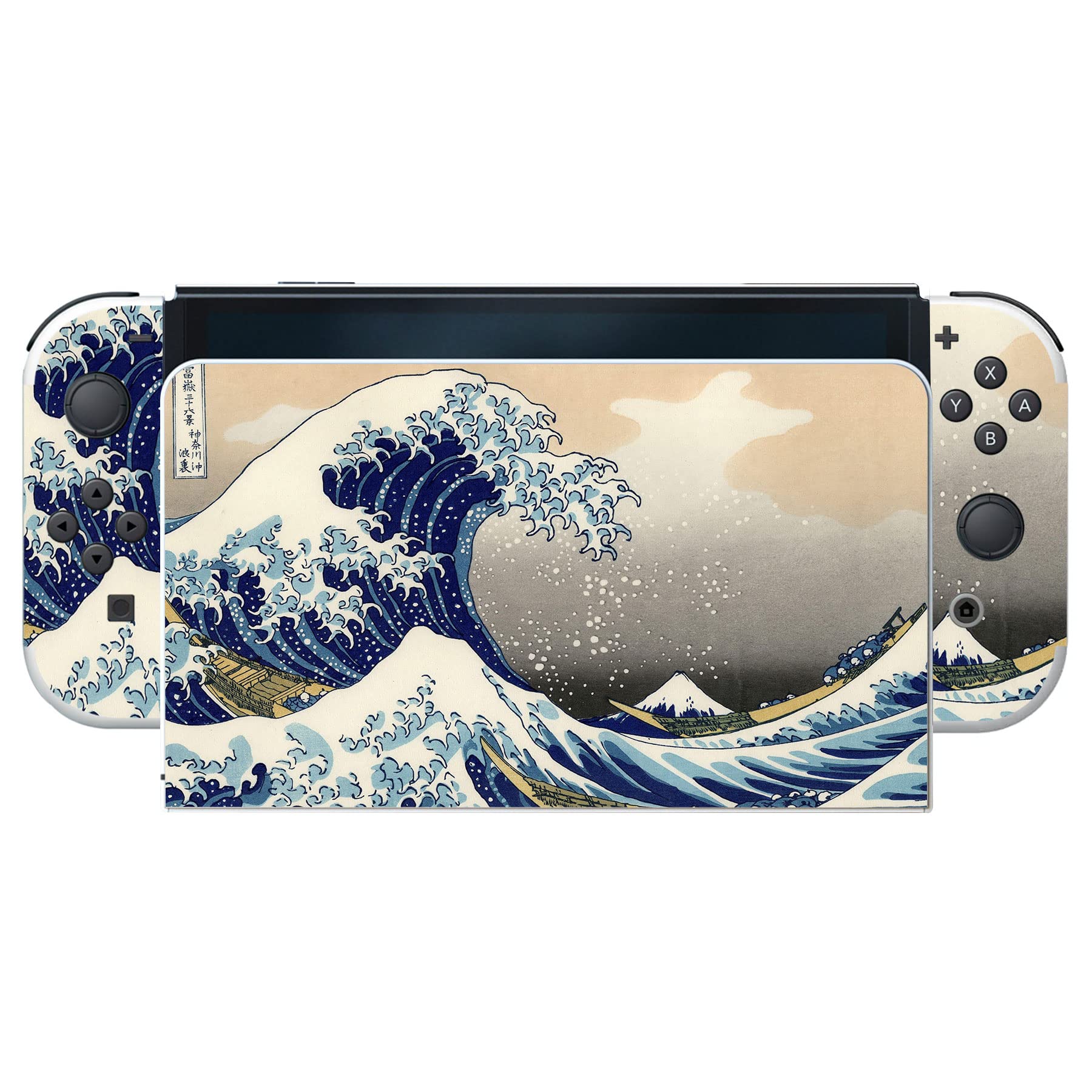 PlayVital Full Set Protective Stickers for Nintendo Switch OLED Model - Custom Vinyl Decal Skins for Switch OLED Console, Joycon, Dock & Grip - The Great Wave Design - Perfect for Gaming Protection and Personalization