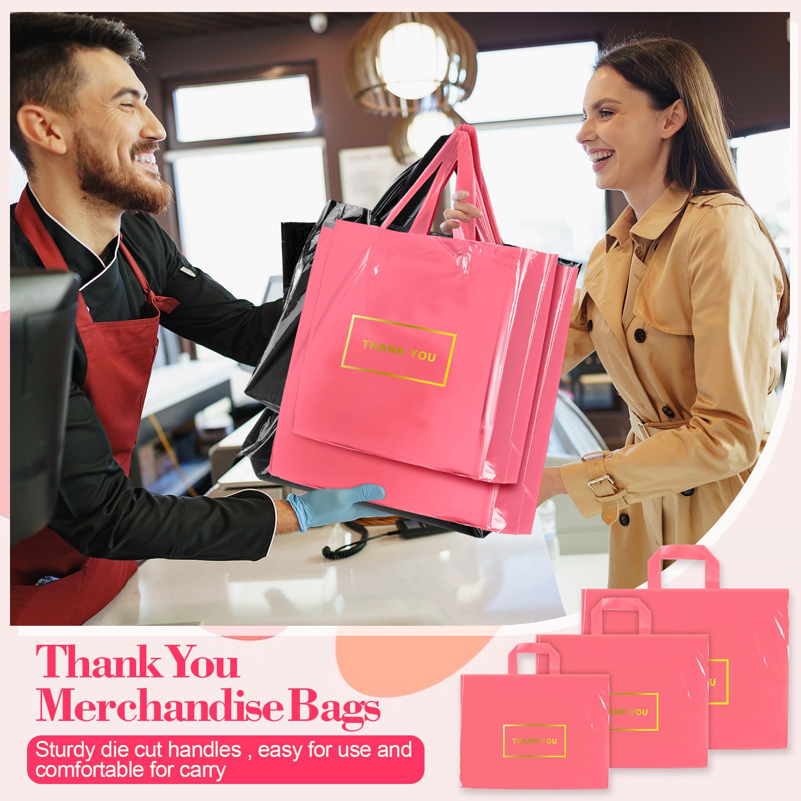 200 Pcs Pink Thank You Plastic Bags Bulk - 9x12