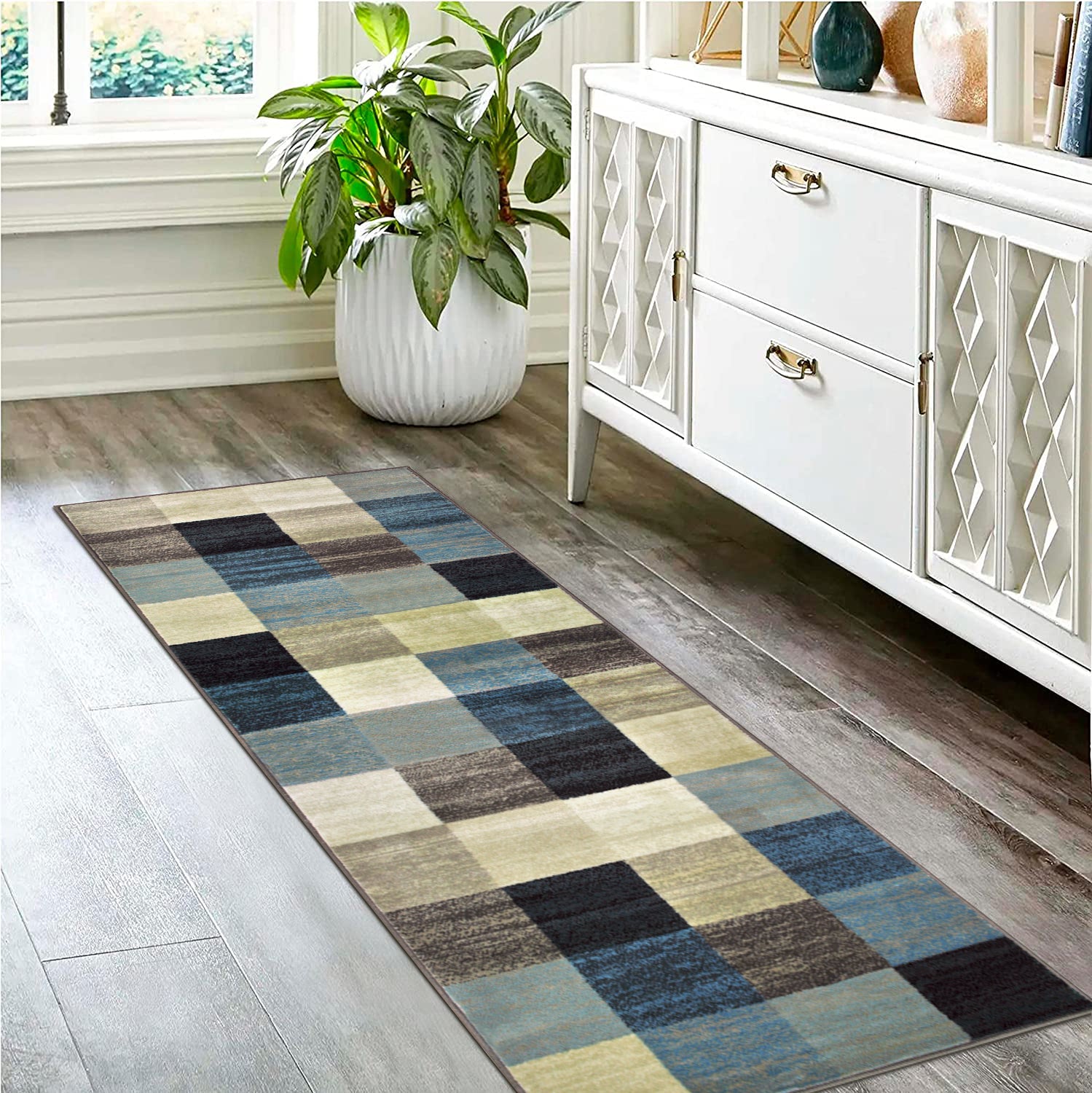 Stylish Rockway Geometric Checkered Block Indoor Area Rug - Non-Slip Floor Mat for Living Room, Bedroom, Office Decor - Perfect for Home, Apartment & Dorm Room