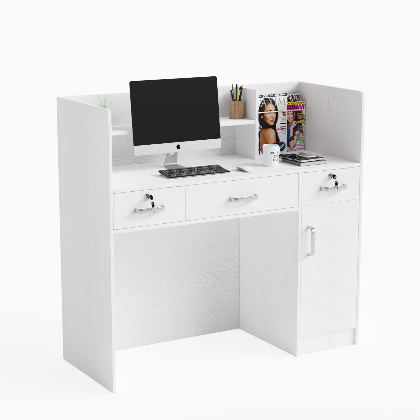 LEADZM H-Shaped Reception Desk with Counter - Lockable Drawers & Adjustable Shelf - White Office Front Desk for Beauty Salon, Retail Store & Business Checkout Counter - Perfect for Customer Service Areas, Waiting Rooms & Professional Workspaces