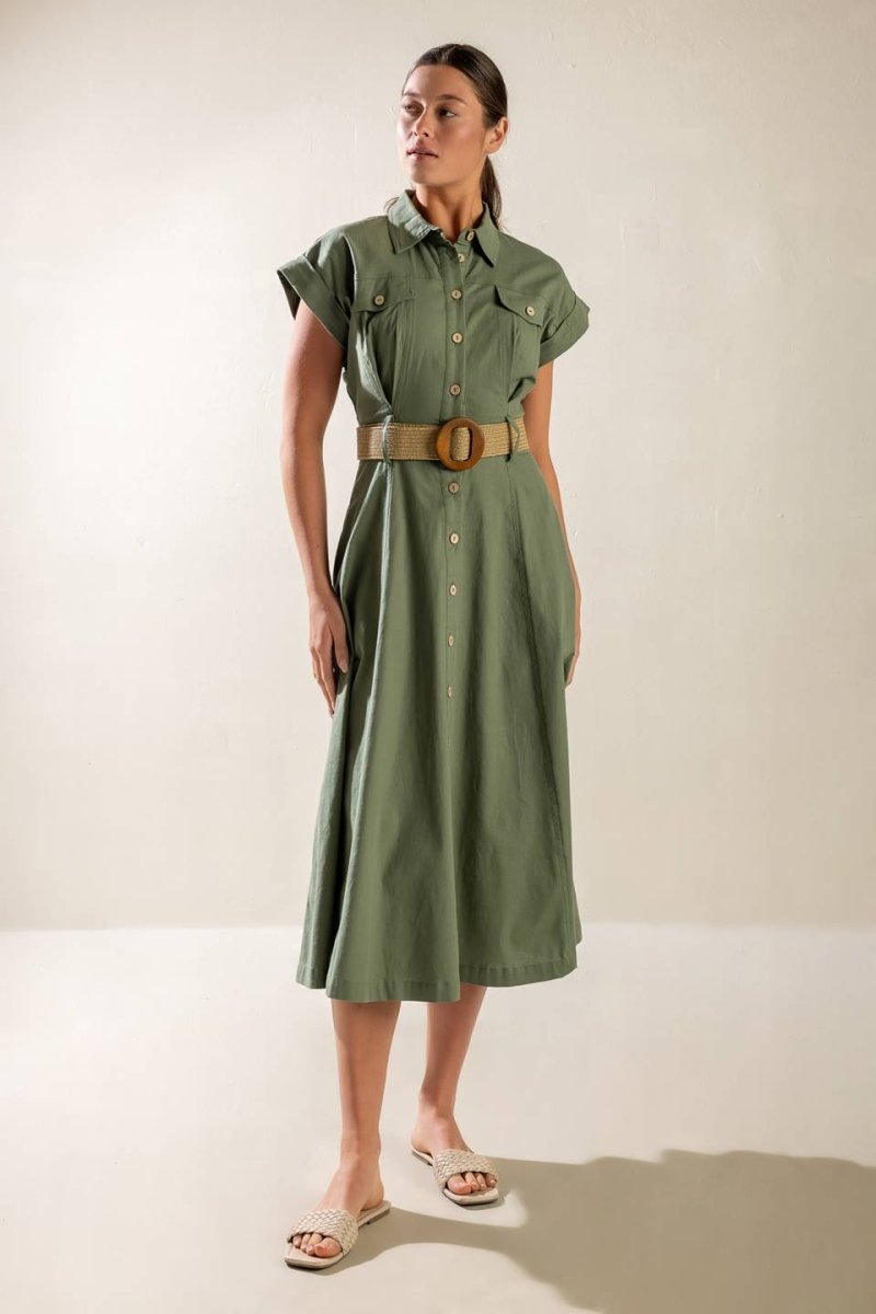 BUILD MY EMPIRE Olive Green Woven Midi Dress for Women - Elegant Casual Summer Dress for Office, Party & Vacation