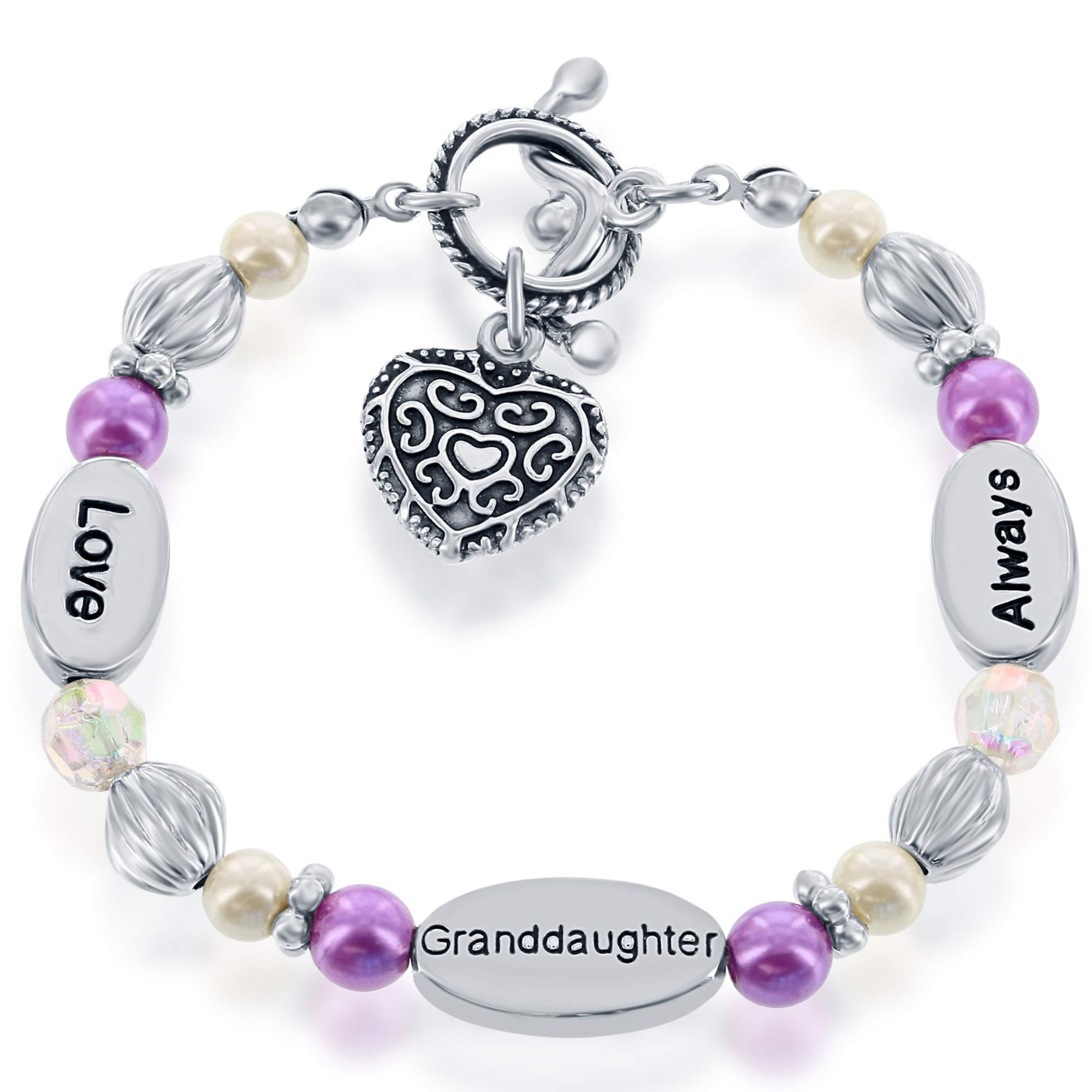 Stretch Heart Charm Bracelet for Granddaughter - Beaded & Synthetic Pearl Jewelry with Gift Box & Sentimental Card - 'Love Granddaughter Always' - Perfect Birthday, Christmas & Special Occasion Gifts