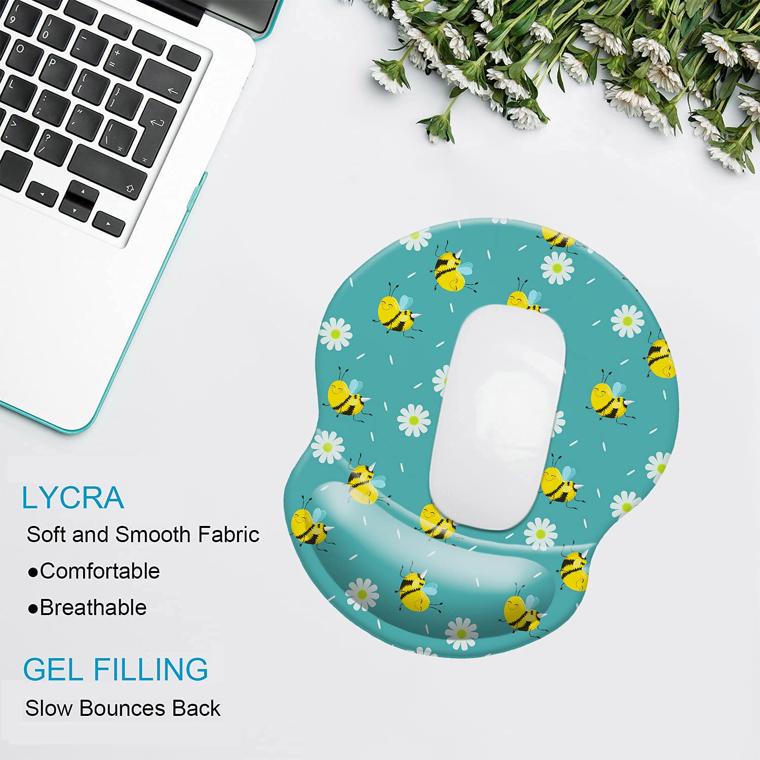Ergonomic Wrist Support Mouse Pad - Comfortable Gaming & Office Mouse Mat with Smooth Cloth Surface - Ideal for Computer, Laptop, Home & Office Use - Perfect for Long Hours of Gaming, Typing & Work (Cute Bee Design)
