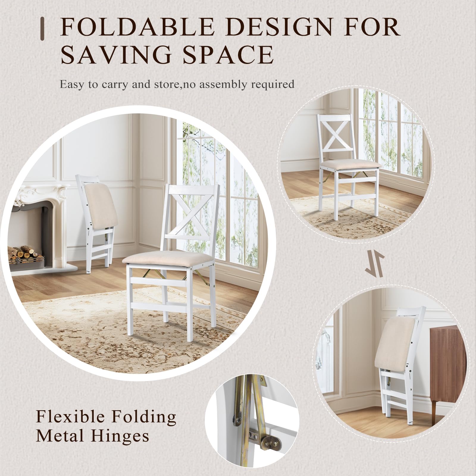 COLAMY Set of 2 Folding Dining Chairs with Padded Seats - Wooden Foldable Chairs for Kitchen, Dining Room, Party & Camping - Space Saving White Chairs for Small Spaces & Outdoor Events