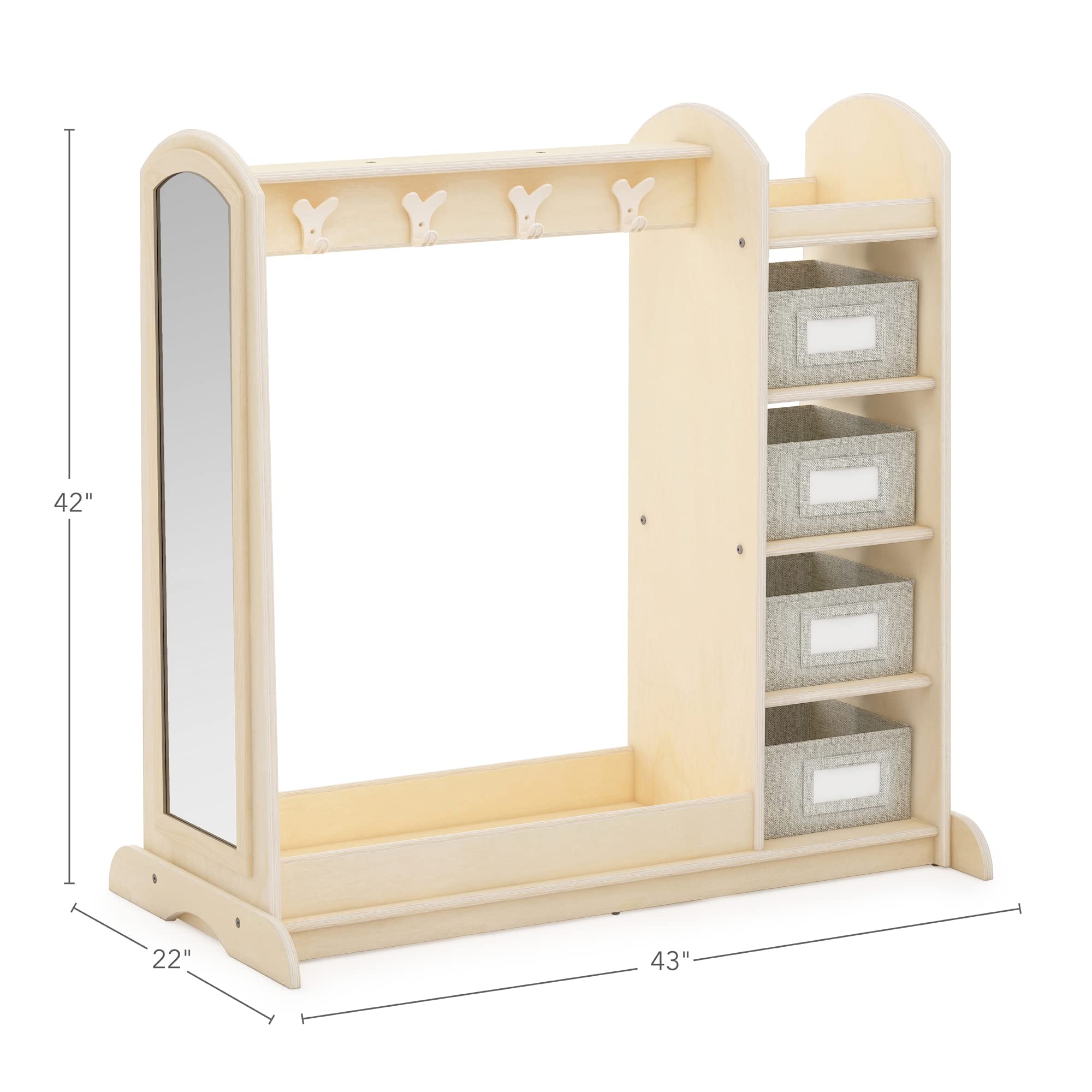 Guidecraft EdQ Natural Wood Dress-Up Storage with Bins - Kids Costume Organizer with Mirror, Shoe Shelf & Cubbies | Montessori Bedroom Furniture for Toddlers | Perfect for Pretend Play, Closet Organization & Playroom Storage