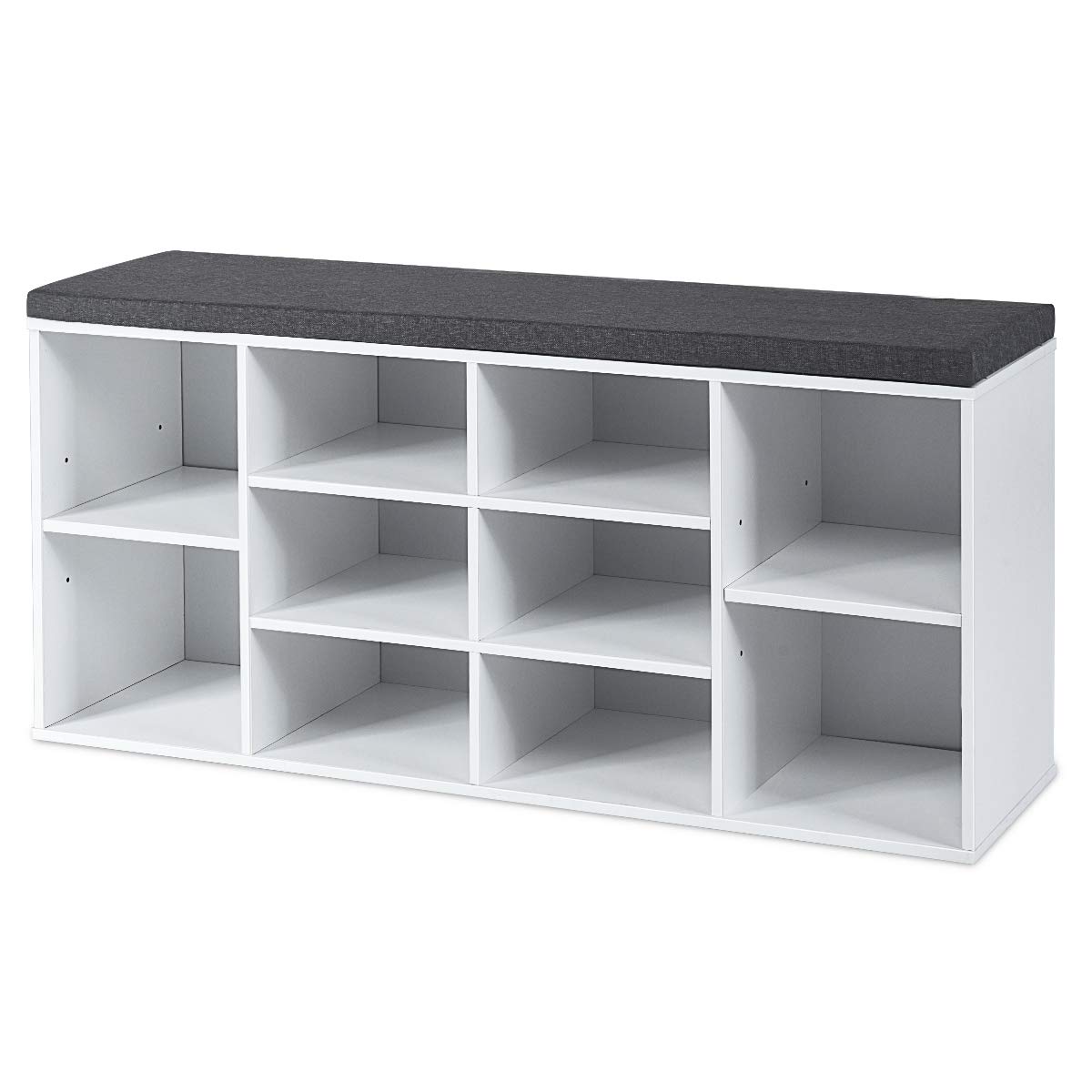 KOTEK White 10-Cube Wooden Shoe Bench with Cushion & Adjustable Shelves - Shoe Storage Cabinet Organizer for Entryway, Living Room, Bedroom - Perfect for Small Spaces & Home Organization