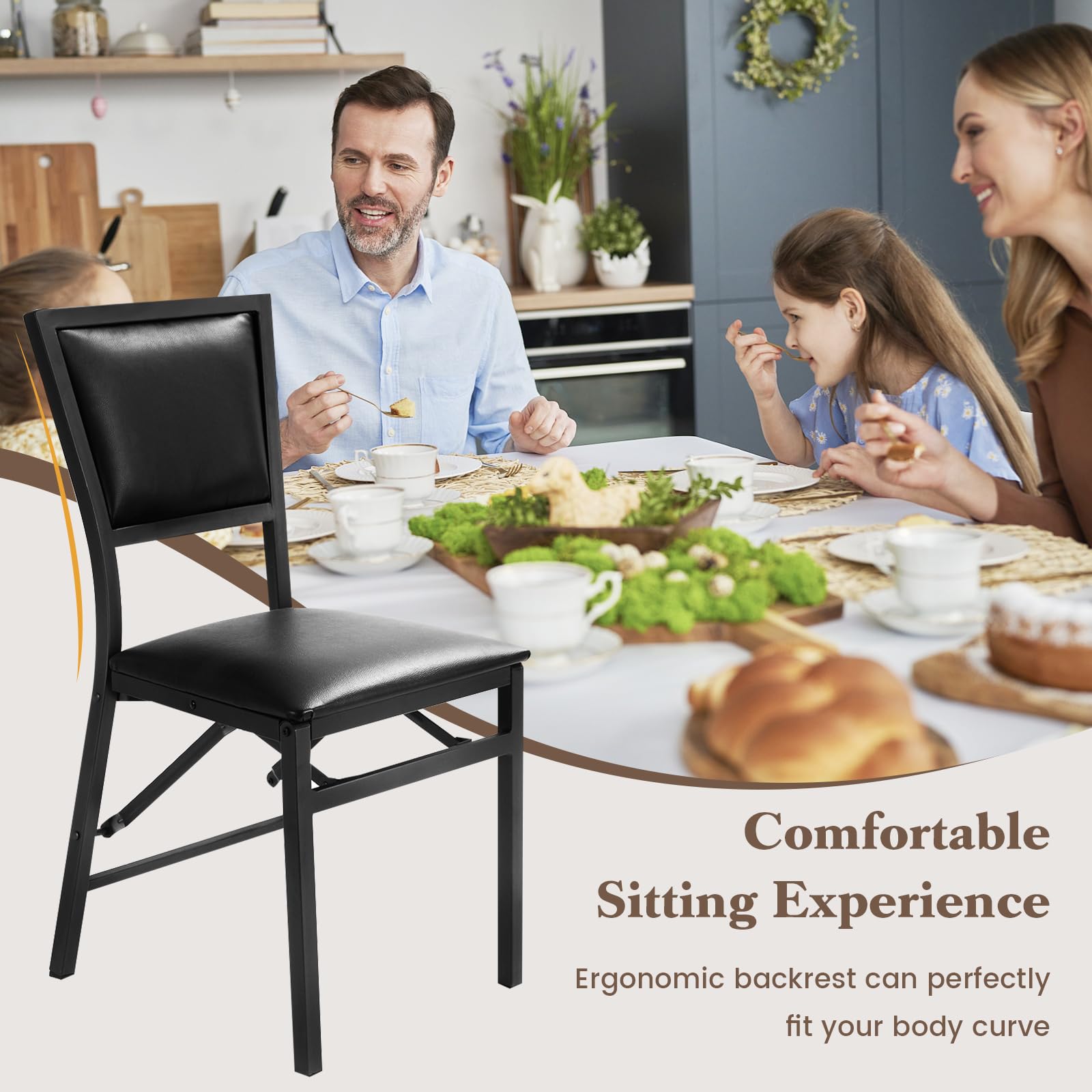 Giantex Folding Chairs Set of 2 - Padded Dining Chairs with Sturdy Metal Frame & Floor Protectors | Space Saving Foldable Design for Small Apartments, Parties, Events & Extra Guests | Black Home & Office Seating Solution