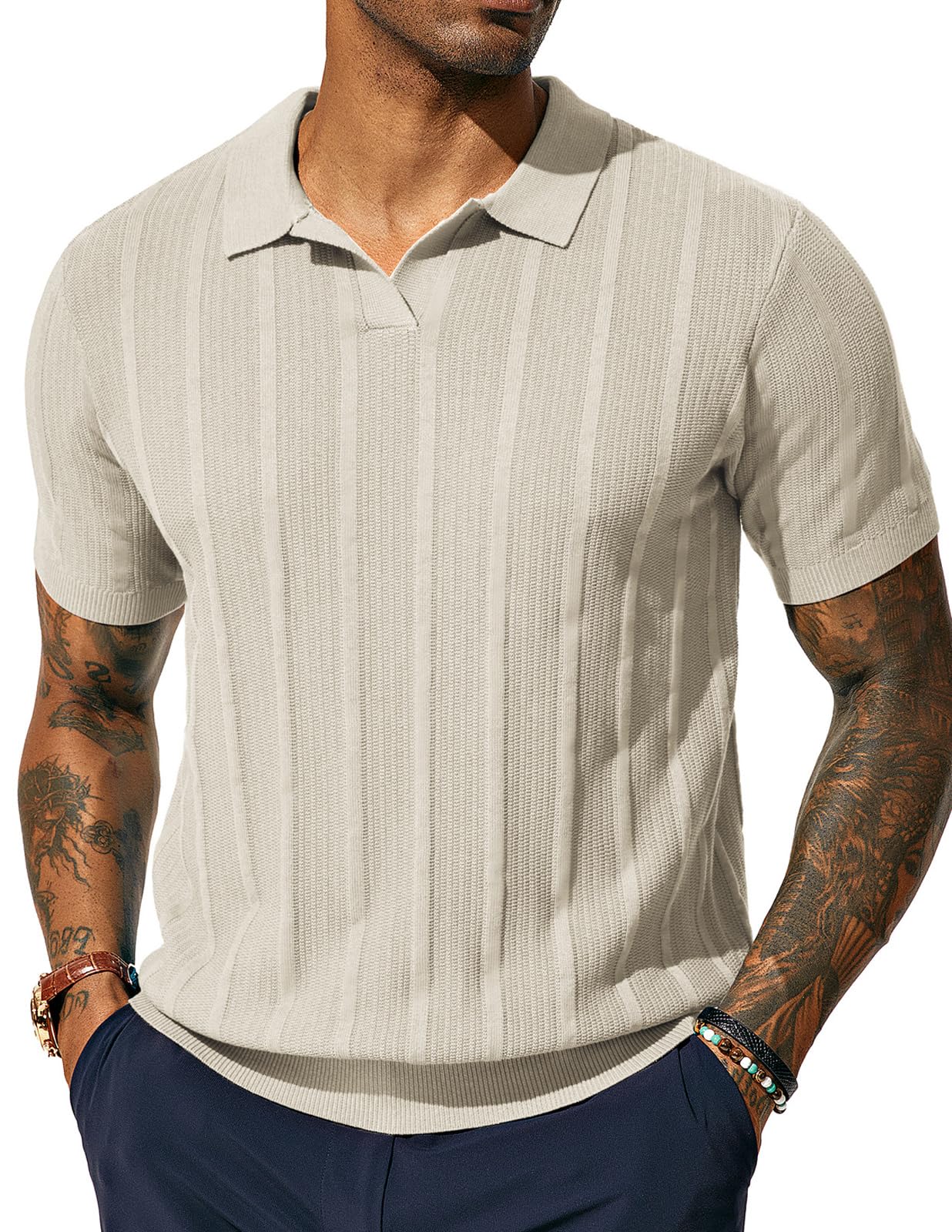 PJ PAUL JONES Men's Textured Knit V-Neck Polo Shirts - Breathable Summer Casual Shirt for Golf, Office & Outdoor Activities