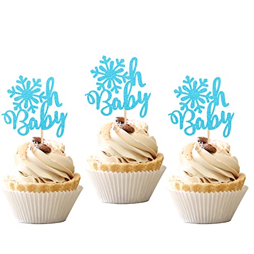 30 PCS Winter Snowflake Cupcake Toppers - Glitter Baby Shower & Christmas Party Decorations - Blue Snowflake Theme Cupcake Picks for Kids Birthday, Baby Shower, Winter Celebrations - Perfect for Holiday Baking, Festive Desserts and Seasonal Party Decor