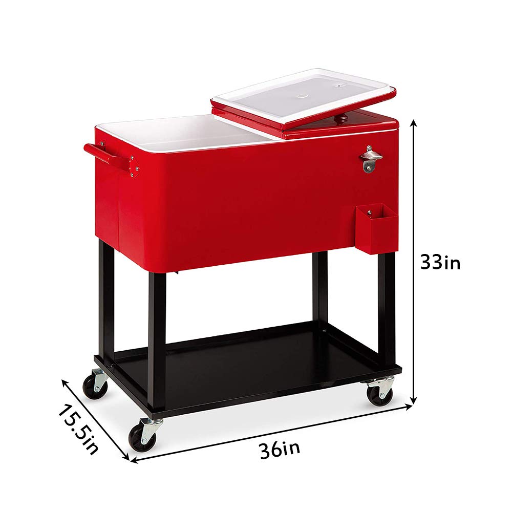 HomVent 80 Quart Rolling Cooler Cart with Wheels - Portable Outdoor Ice Chest, Patio Party Bar Drink Cooler with Shelf & Bottle Opener for Beach, Camping, and Tailgating