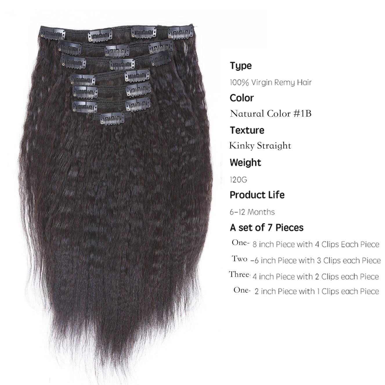 Anrosa Kinky Straight Clip-in Hair Extensions 10-22 Inch - 100% Real Human Remy Hair, Thick & Voluminous for Women, Natural Color #1B (120g) - Perfect for Parties, Weddings, and Everyday Styling