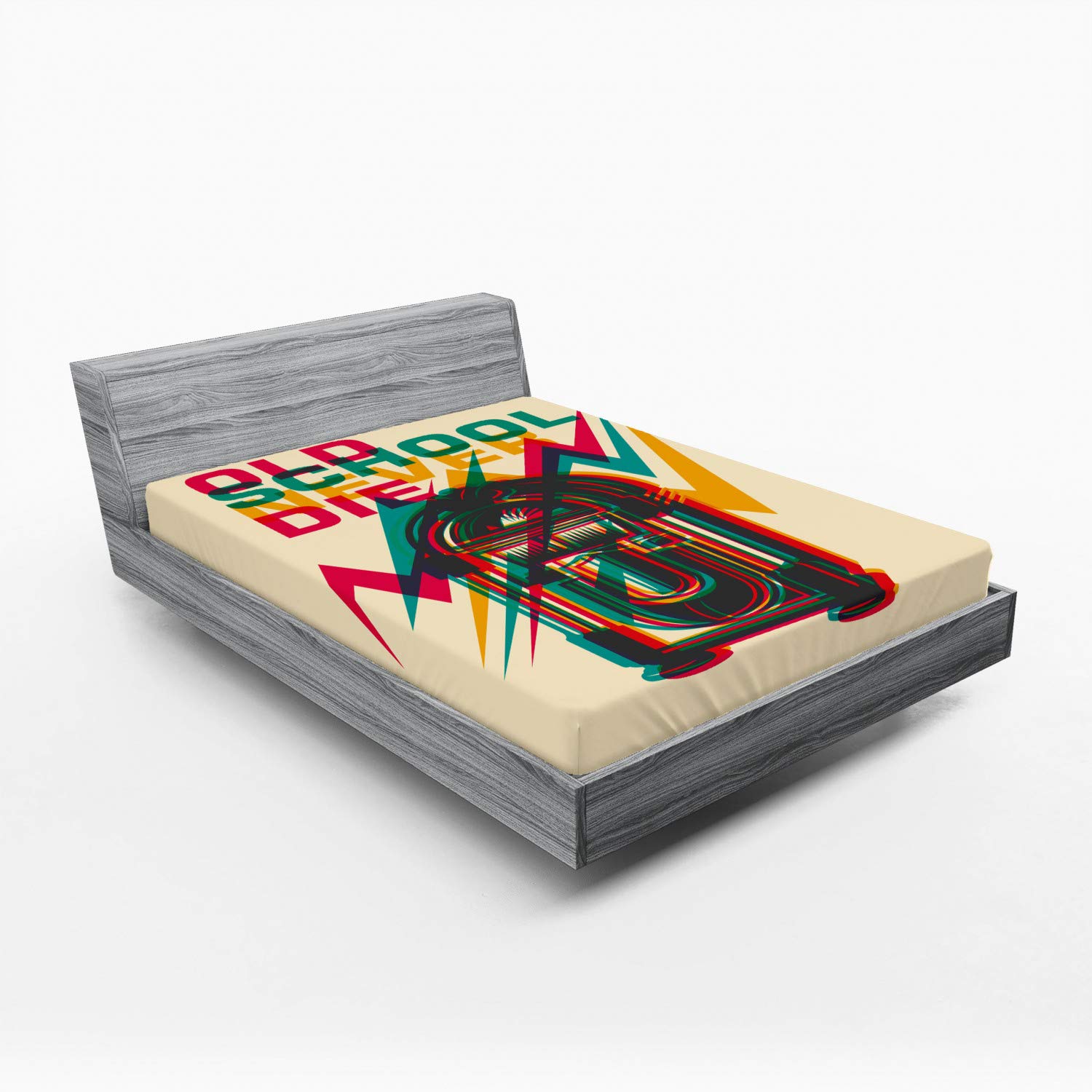 Ambesonne Jukebox Fitted Sheet - Retro Vintage Radio Design with All-Around Elastic Deep Pocket - Queen Size Turquoise & Hot Pink Bed Sheet - Perfect for 1950s Themed Bedrooms, Music Lovers' Dorm Decor or Vintage Style Home Furnishing
