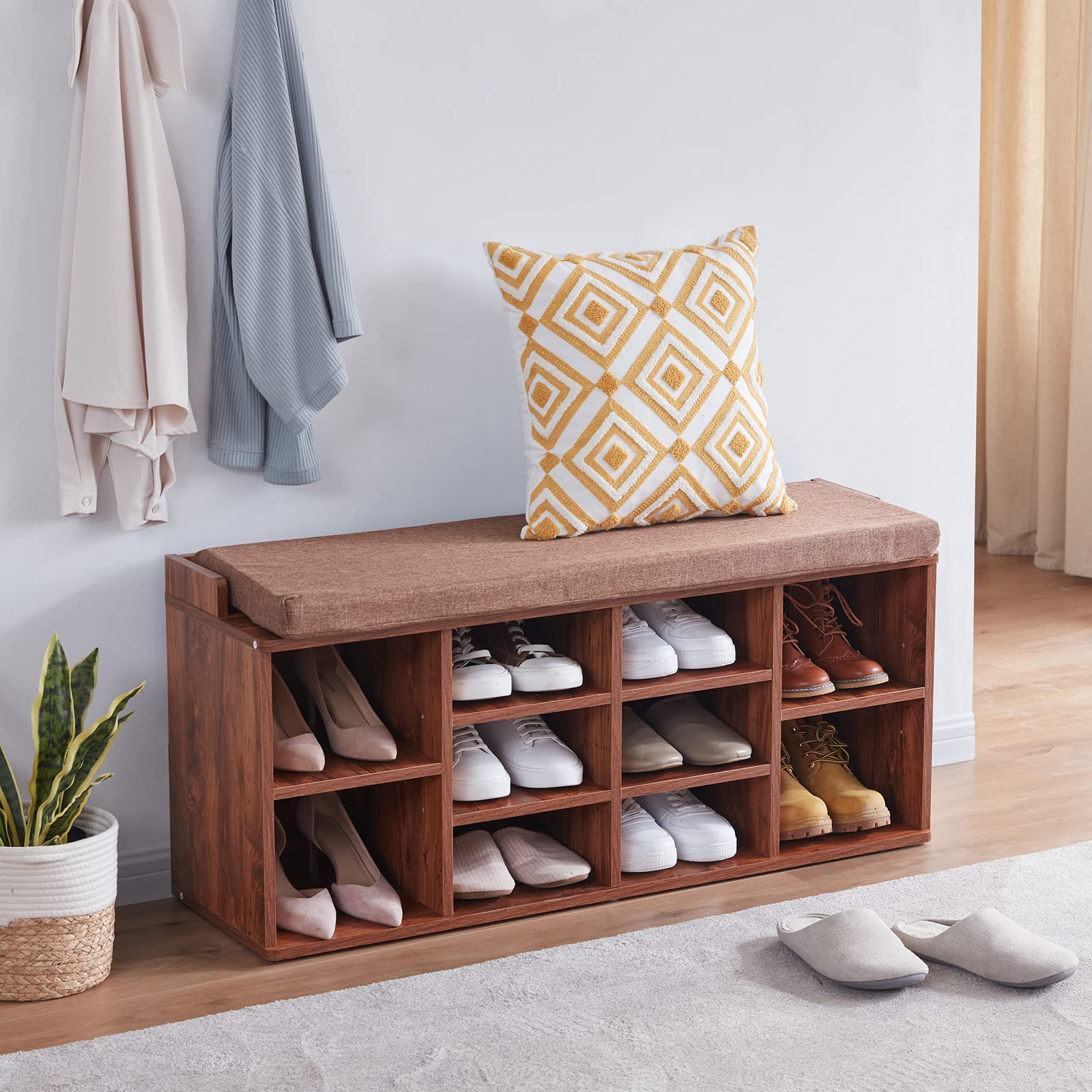 Farini Shoe Storage Bench with Cushion - Adjustable Shelves Shoe Organizer for Entryway, Bedroom, Hallway, Closet & Garage - Rustic Brown - Perfect for Small Spaces & Home Organization