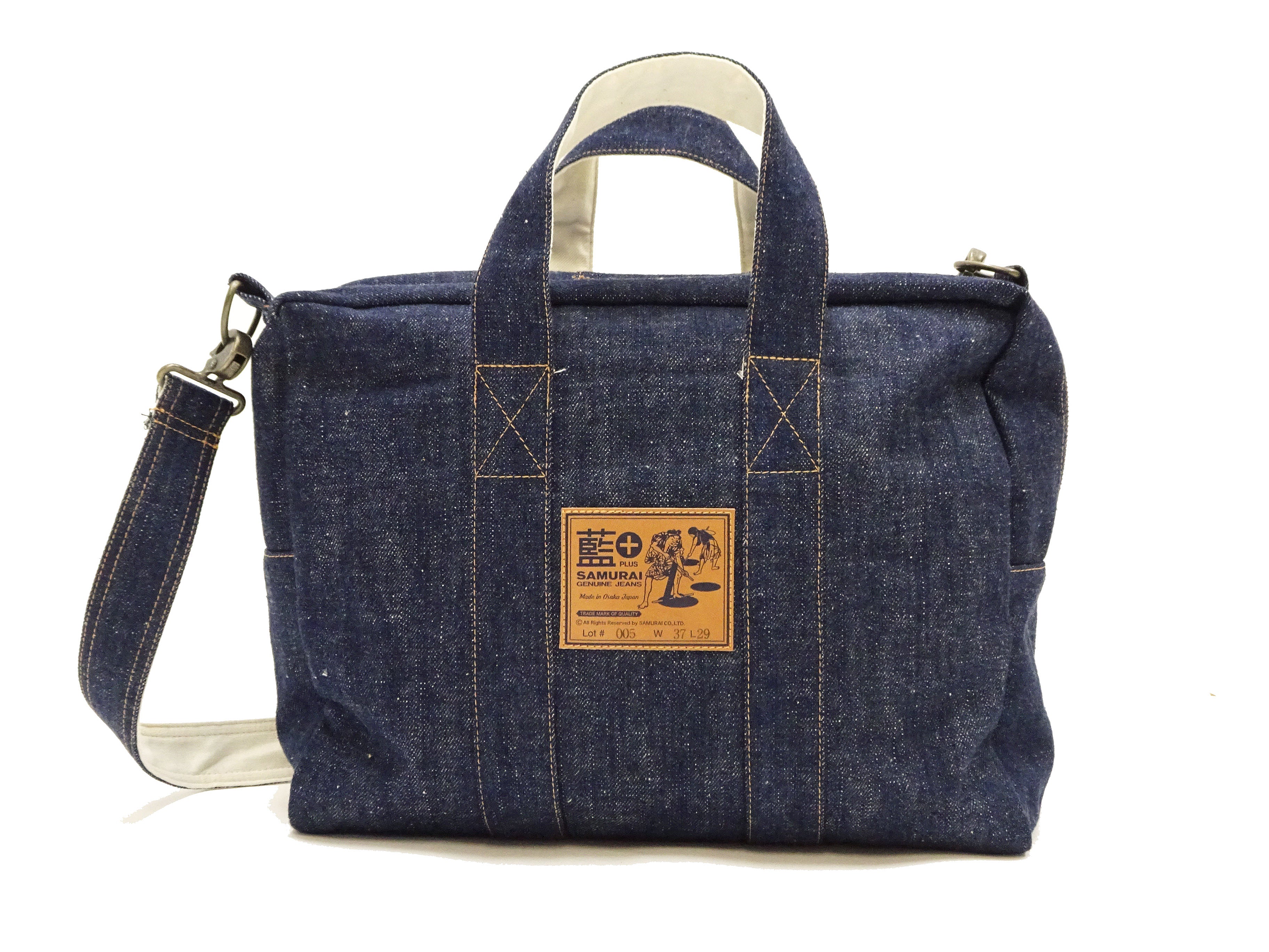 Samurai Jeans Men's Casual Indigo Denim Boston Bag with Detachable Shoulder Strap - Vintage Japanese Style Crossbody Messenger Bag for Travel, Work & Everyday Use