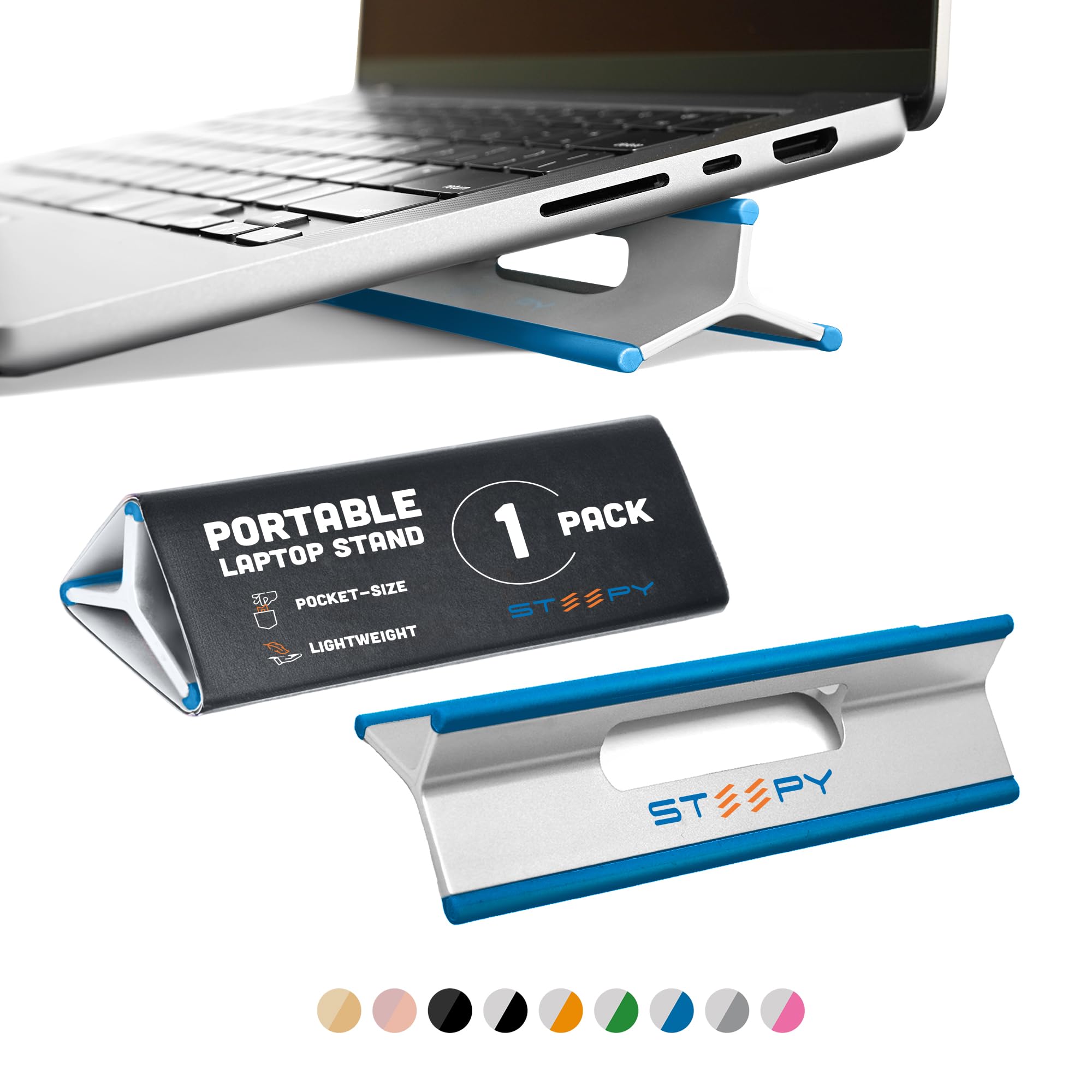 Steepy Portable Adjustable Laptop Stand for Desk - 3 Height Ergonomic Laptop Riser with Cooling Pad - Lightweight Laptop Desk Stand for Home Office, Gaming, and Travel Use