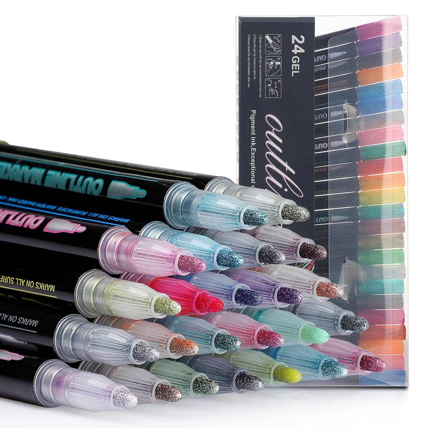 KINGMAS 24 Colors Metallic Outline Markers Set - Double Line Glitter Pens for Christmas Cards, DIY Crafts, Sketching & Painting | Perfect for Holiday Greetings, Art Projects & Scrapbooking
