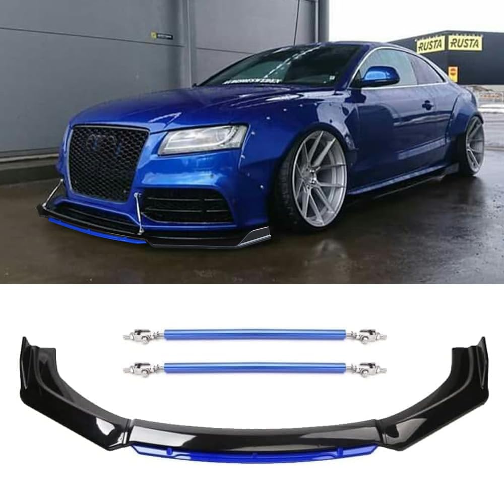 Universal Front Bumper Lip Body Kit - Glossy Black & Blue ABS Front Spoiler Splitter with 11”-13