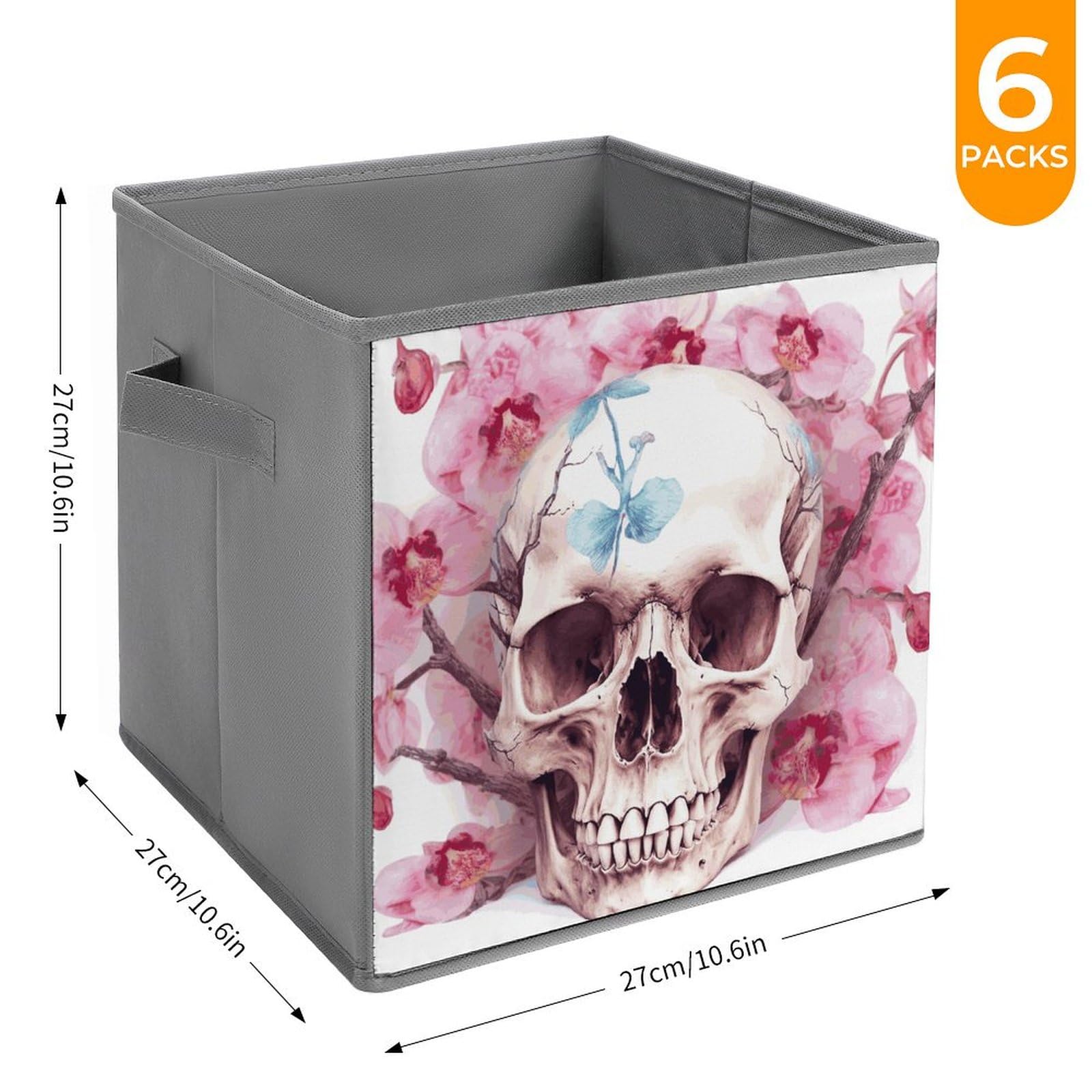 6PCS Collapsible Storage Bins with Handles - Skull & Pink Floral Printed Foldable Organizer Boxes for Home, Closet, Office & Shelf Organization | Space Saving Storage Solutions for Toys, Books & Household Items
