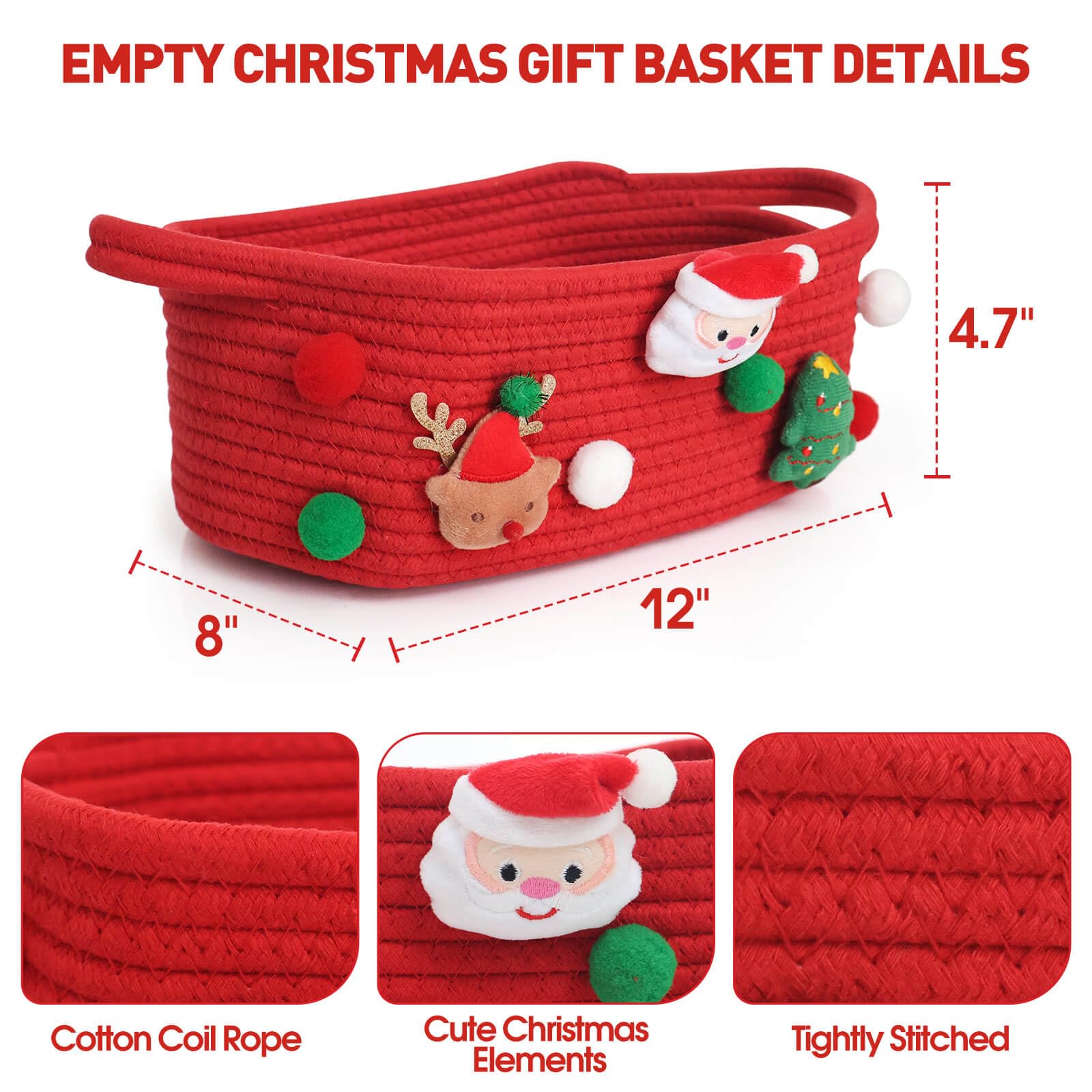 Christmas Gift Basket Set - Small Red Cotton Rope Basket with Gift Bag, Bow Ribbon & Handle | Holiday Wrapping Storage for Toys, Snacks & Home Decor | Perfect Xmas Gifts for Women, Men & Kids | Great for Holiday Parties, Gift Exchanges & Festive Home Decor