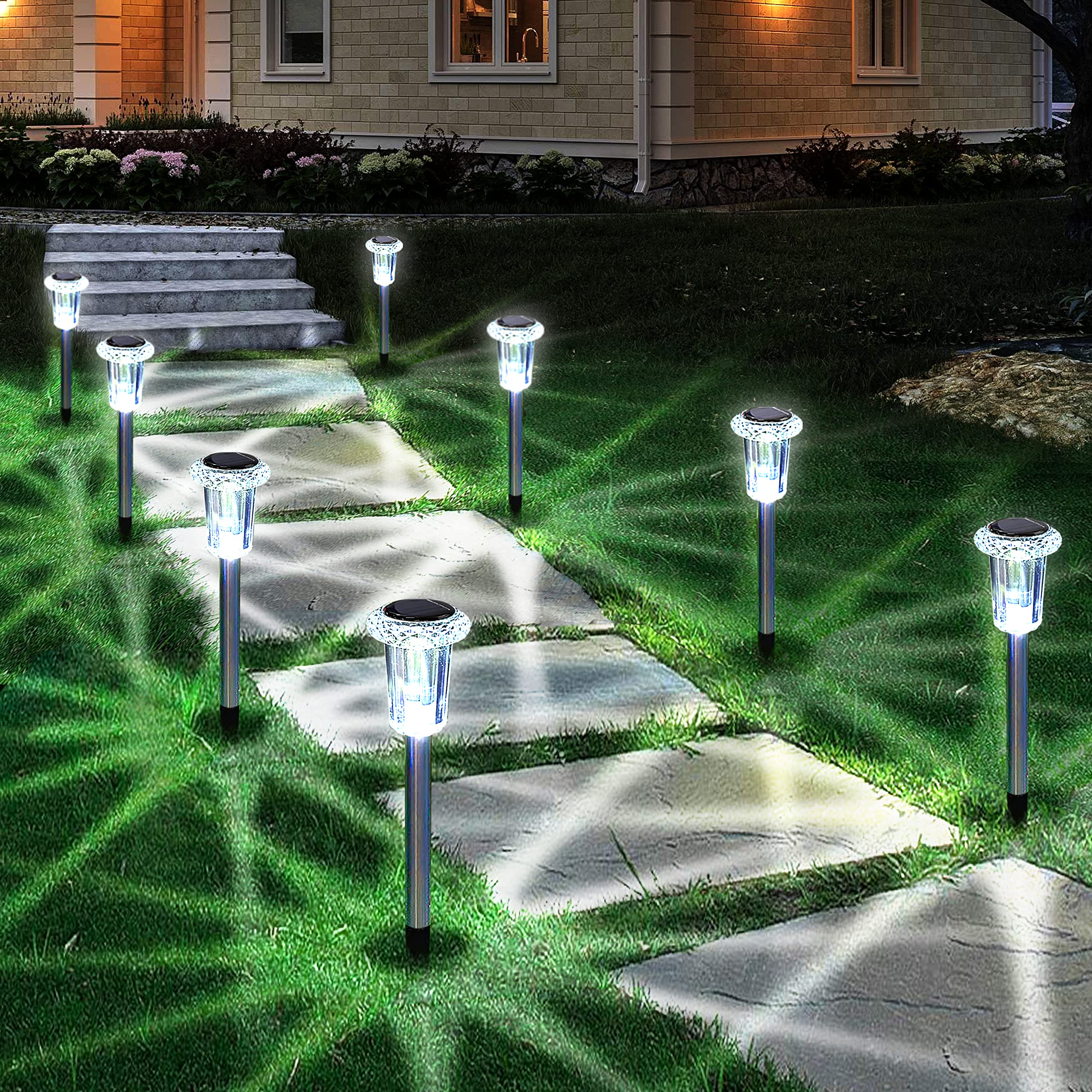 10 Pack Solar Pathway Lights Outdoor Waterproof - Stainless Steel Solar Stake Lights for Garden, Yard, Path, Walkway, Driveway - Cool White LED Solar Lights for Landscape & Lawn Decoration - Perfect for Patio, Backyard, and Outdoor Lighting