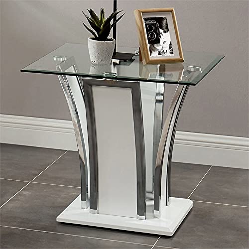 Furniture of America Manhattan Contemporary Glass Top End Table in Glossy White - Modern Side Table for Living Room, Bedroom & Office Decor