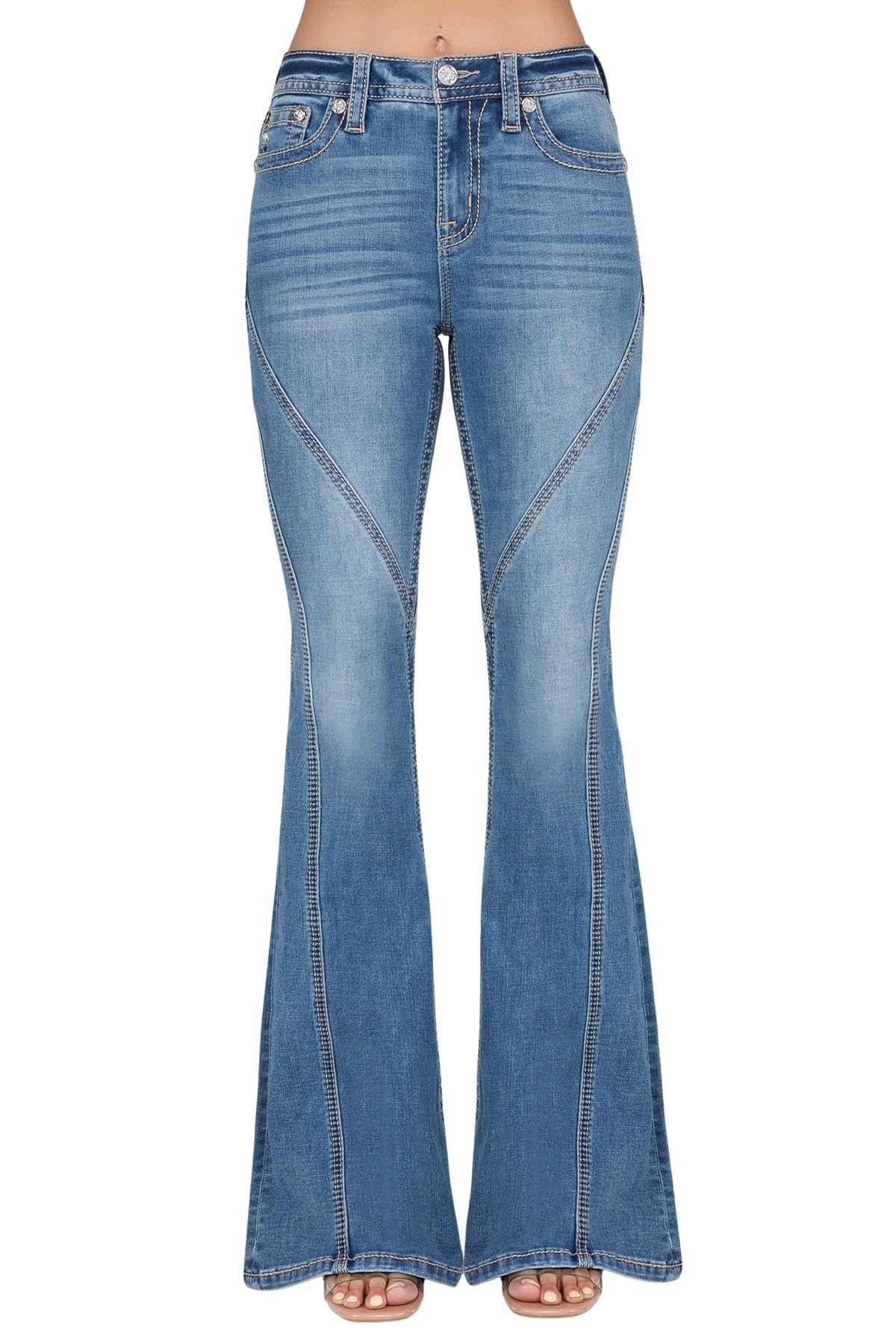 Miss Me Women's Contour Stitch Slim High-Rise Flare Jeans - Stretchy Denim Pants for Casual Wear & Night Out | Perfect for Date Nights, Office & Weekend Outfits