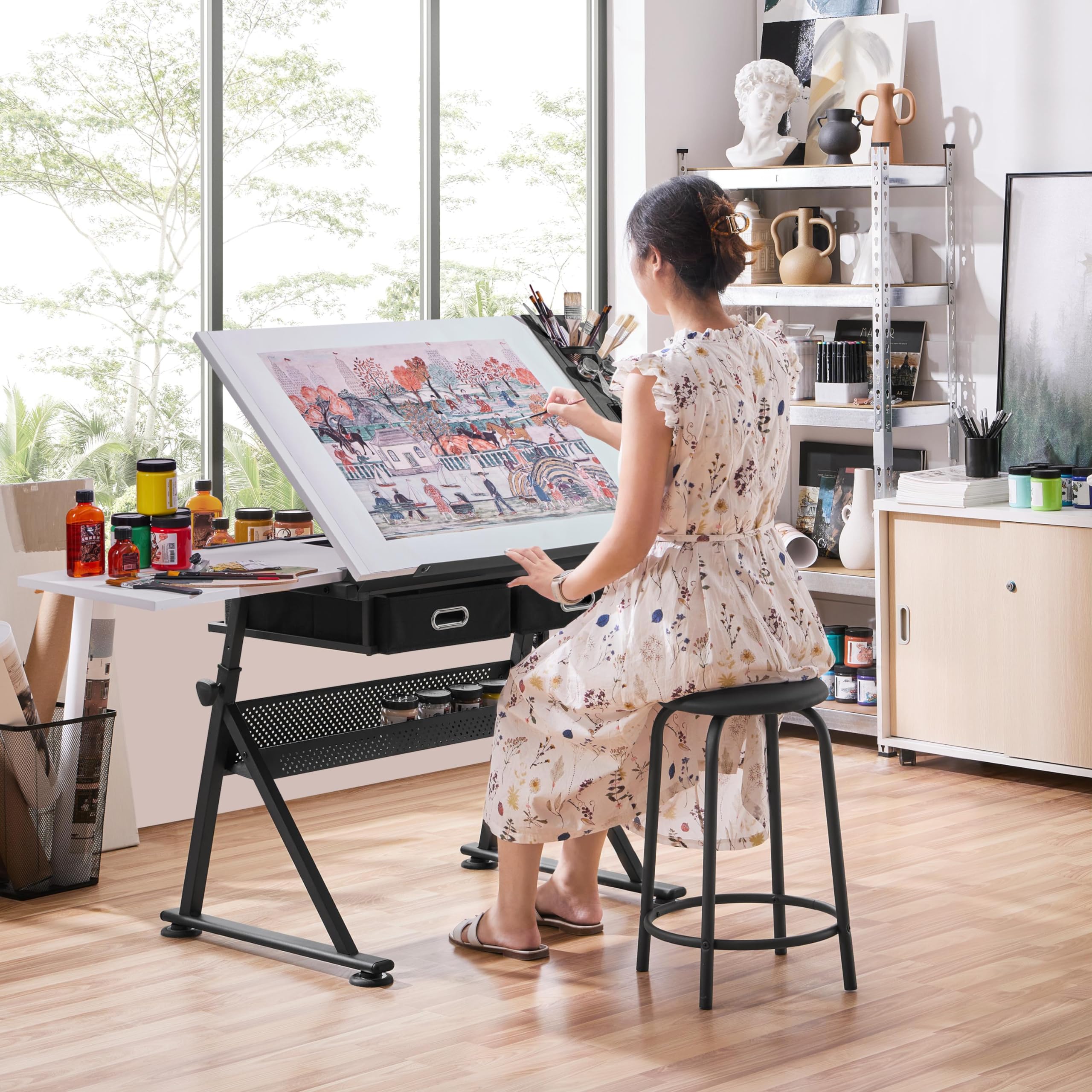 **Topeakmart Adjustable Drafting Table with Storage - Wooden Art Craft Desk, Foldable Drawing Table for Artists, Reading & Writing Workstation, Extra Large Desktop - Perfect for Home Office, Studio & Classroom Use**