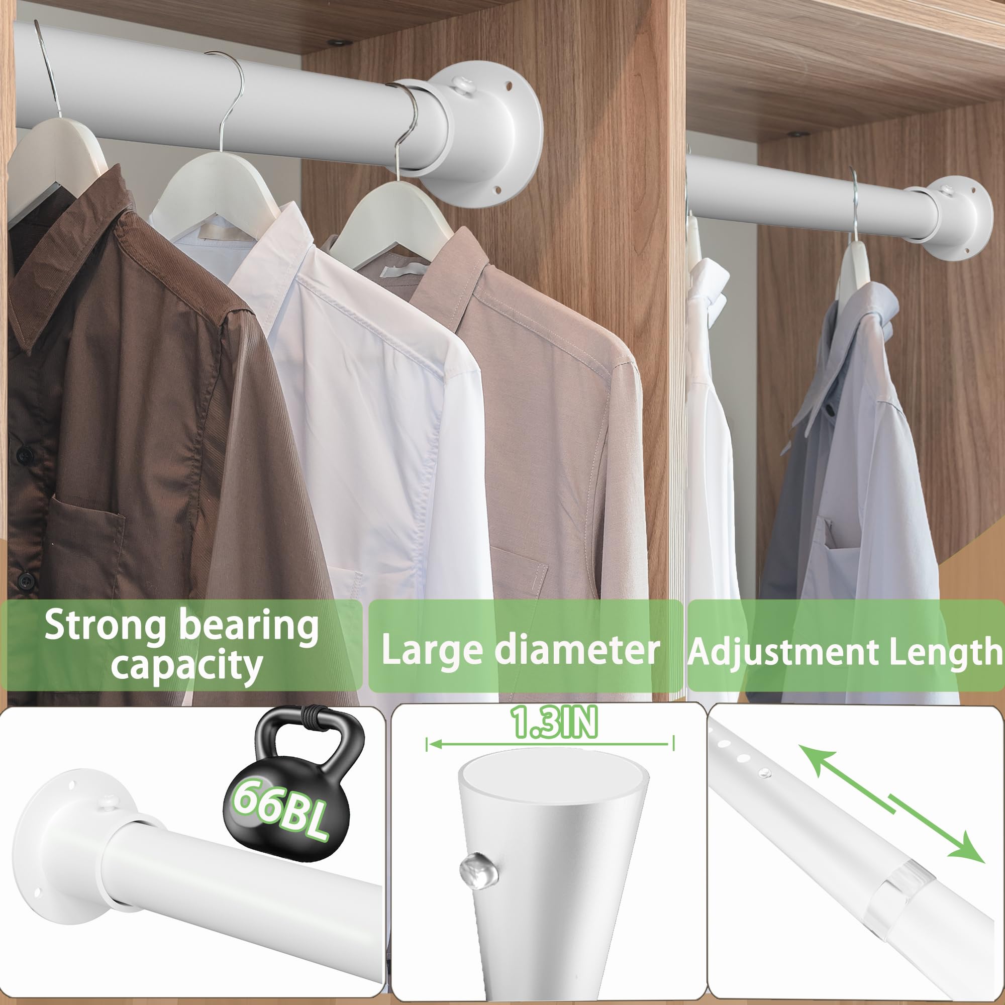 Adjustable Heavy Duty Metal Closet Rod - 17 to 40 Inches Extendable, 1.3 Inch Diameter White Closet Hanging Bar for Wardrobes, Bathrooms & Windows - Perfect for Organizing Clothes, Curtains & Home Storage