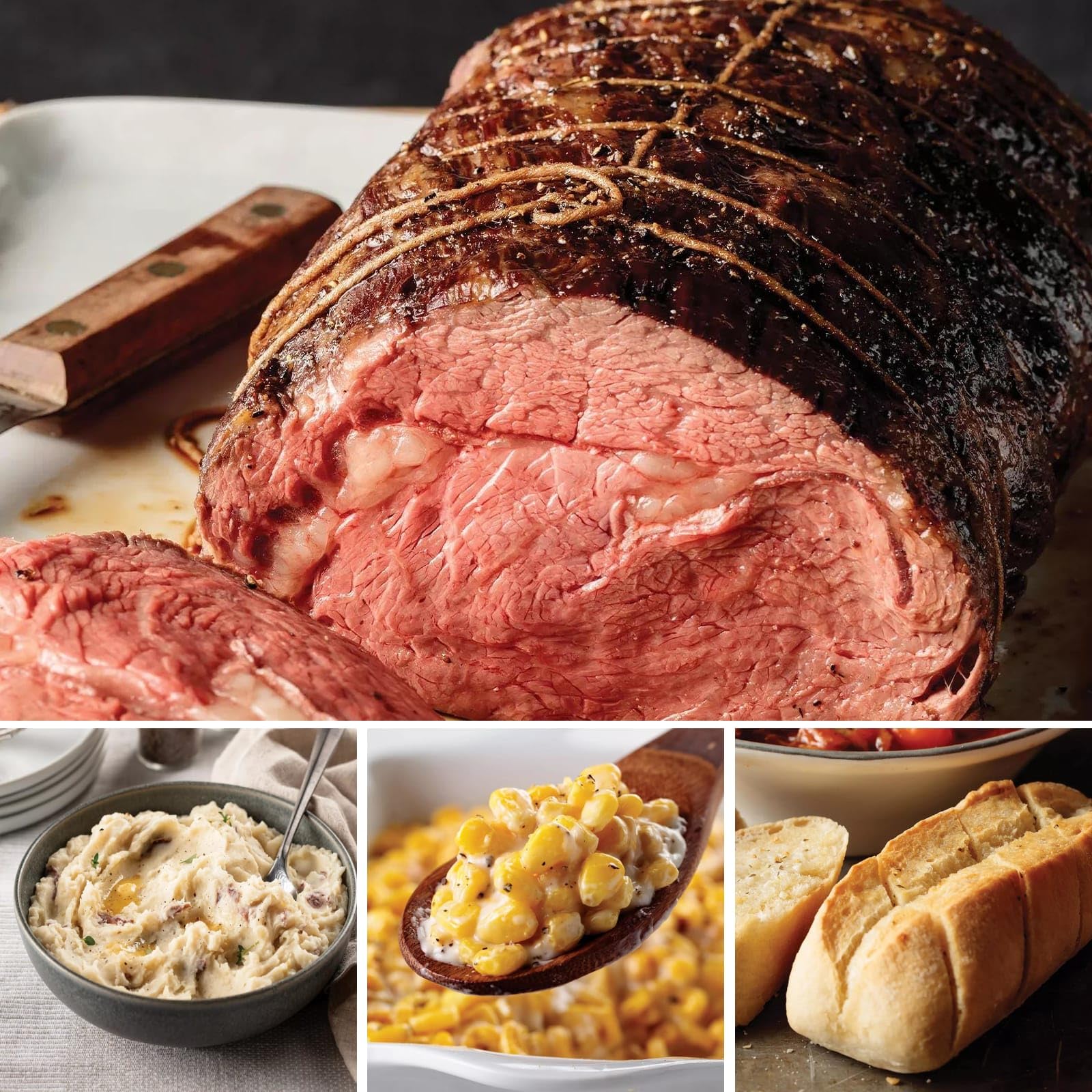 Omaha Steaks Prime Rib Feast for 8 - 4 lb Boneless Heart of Prime Rib Roast with 2 Steakhouse Creamed Corn, 2 Family-Sized Smashed Red Potatoes & 8 Garlic Butter Baguettes | Perfect for Holiday Dinners, Family Gatherings & Special Occasions