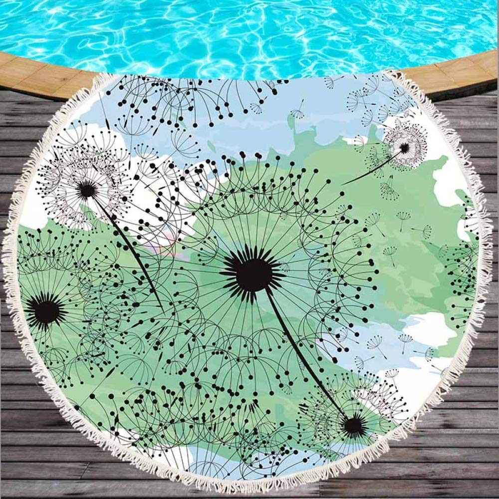 Premium Large Round Beach Towel - Soft Microfiber Quick-Dry Blanket with Black Abstract Pattern & Tassels | Summer Yoga Mat, Picnic Blanket, Travel Accessory for Beach, Pool, Vacation & Outdoor Activities