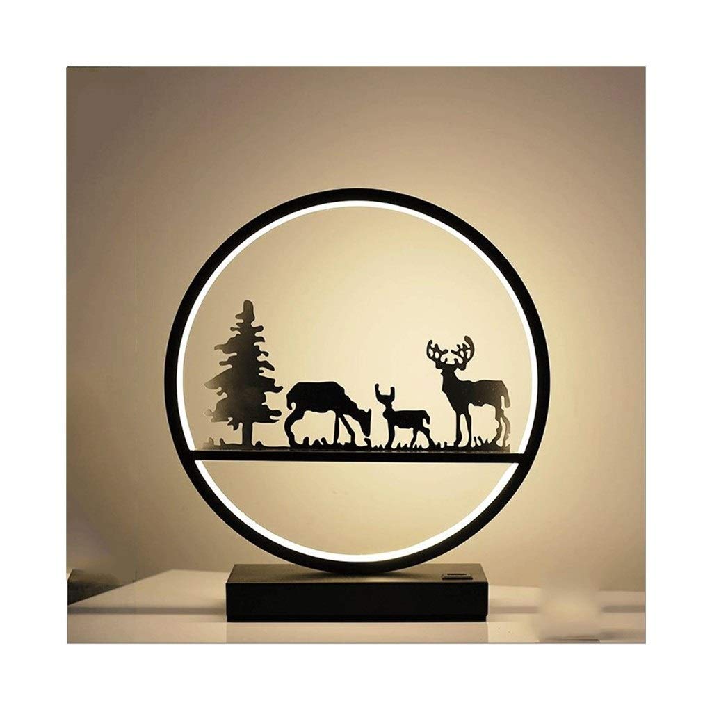 Iron Art Table Lamp with Resin Shade - LED Bedside Lamp with Warm & 3-Color Light, No Bulb Needed - Perfect for Bedroom, Living Room, or Office Nightstand (Sika Deer Warm Light)