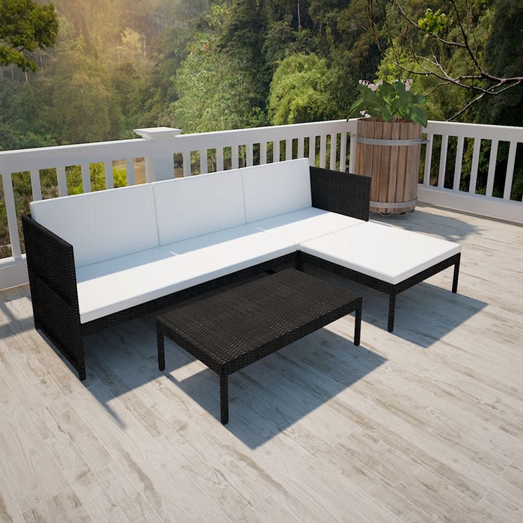 vidaXL 3-Piece Black PE Rattan Garden Lounge Set - Outdoor Wicker Sofa Sectional with Cushions & Coffee Table | Perfect for Patio, Backyard, and Poolside Relaxation