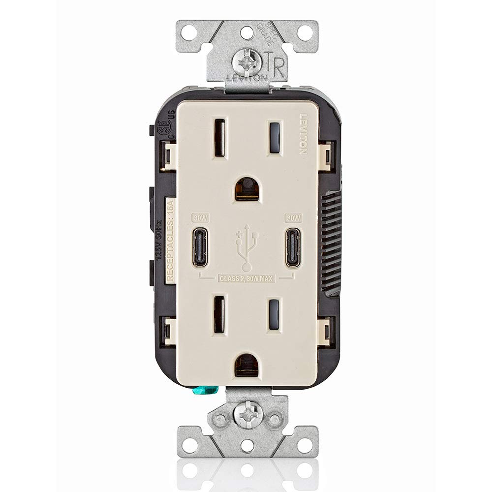 Leviton T5635-T USB Dual Type-C PD In-Wall Charger with 15A/125V Tamper-Resistant Outlet - Light Almond Screwless Wallplates (2-Pack) - Perfect for Home, Office & Hotel Charging Stations