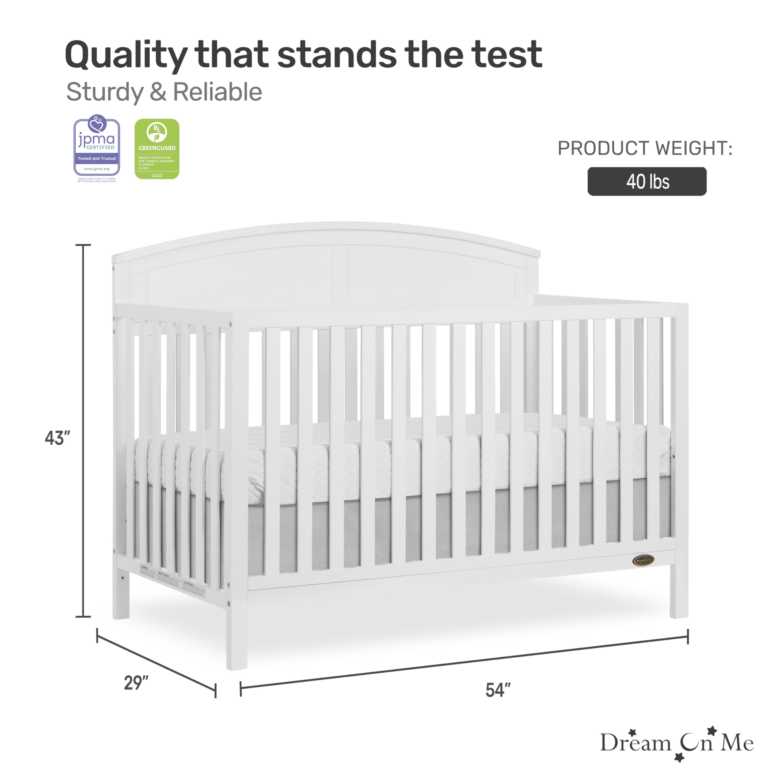 EVOLUR Dream On Me Storybrooke 5-in-1 Convertible Baby Crib - White | JPMA & Greenguard Gold Certified | Sustainable Pinewood Construction | 3 Adjustable Mattress Heights | Non-Toxic Water-Based Paint | Perfect for Nursery, Bedroom & Daycare Use
