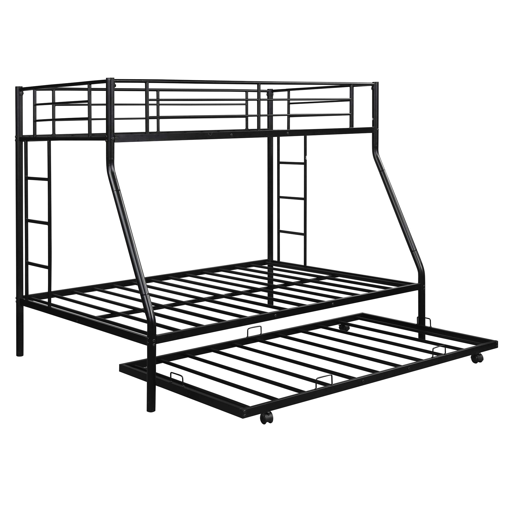 Metal Bunk Beds Twin Over Full Size with 2 Ladders & Trundle - Sturdy Space-Saving Bed for Kids, Teens & Adults (Black) - Perfect for Small Bedrooms, Guest Rooms & Dormitories
