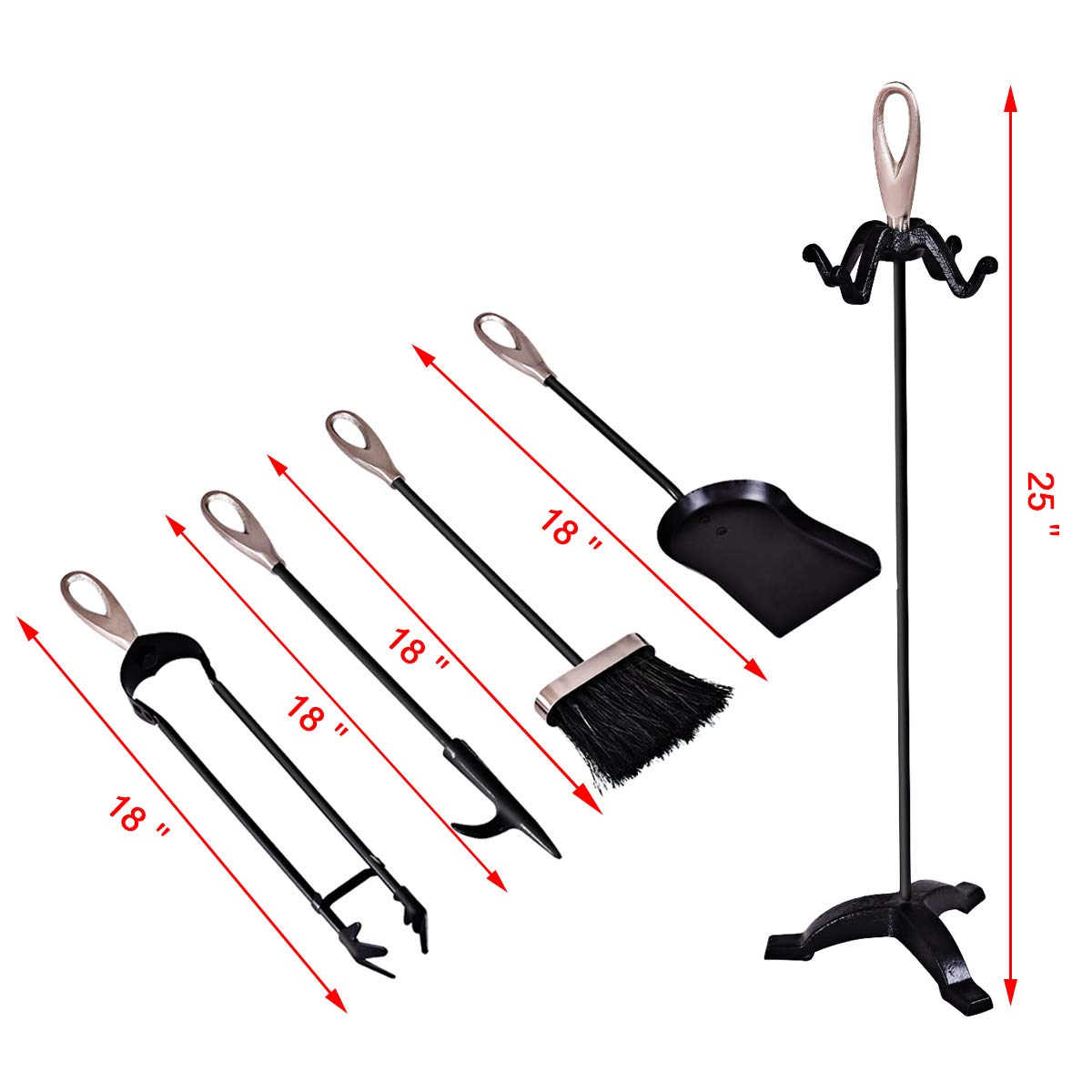 Tangkula 5-Piece Rustic Heavy Duty Wrought Iron Fireplace Tool Set with Pedestal Stand & Hearth Tools, 25.5