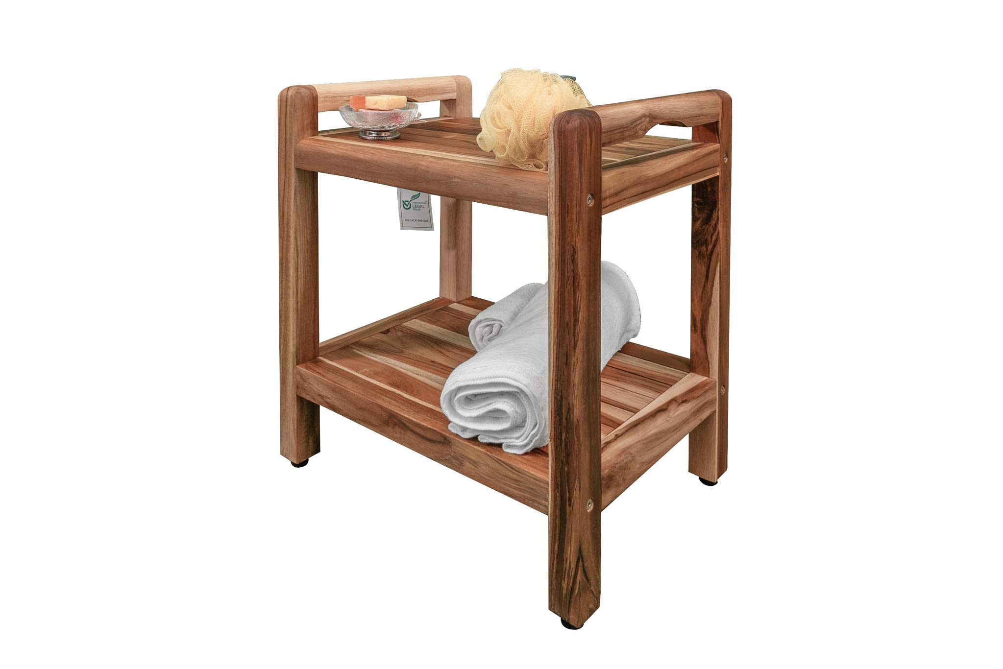 EcoDecors Eleganto 20 Inch Waterproof Teak Wood Shower Bench - Non-Slip Bathroom Stool with Storage for Safety & Organization - Perfect for Elderly, Spa & Small Bathrooms