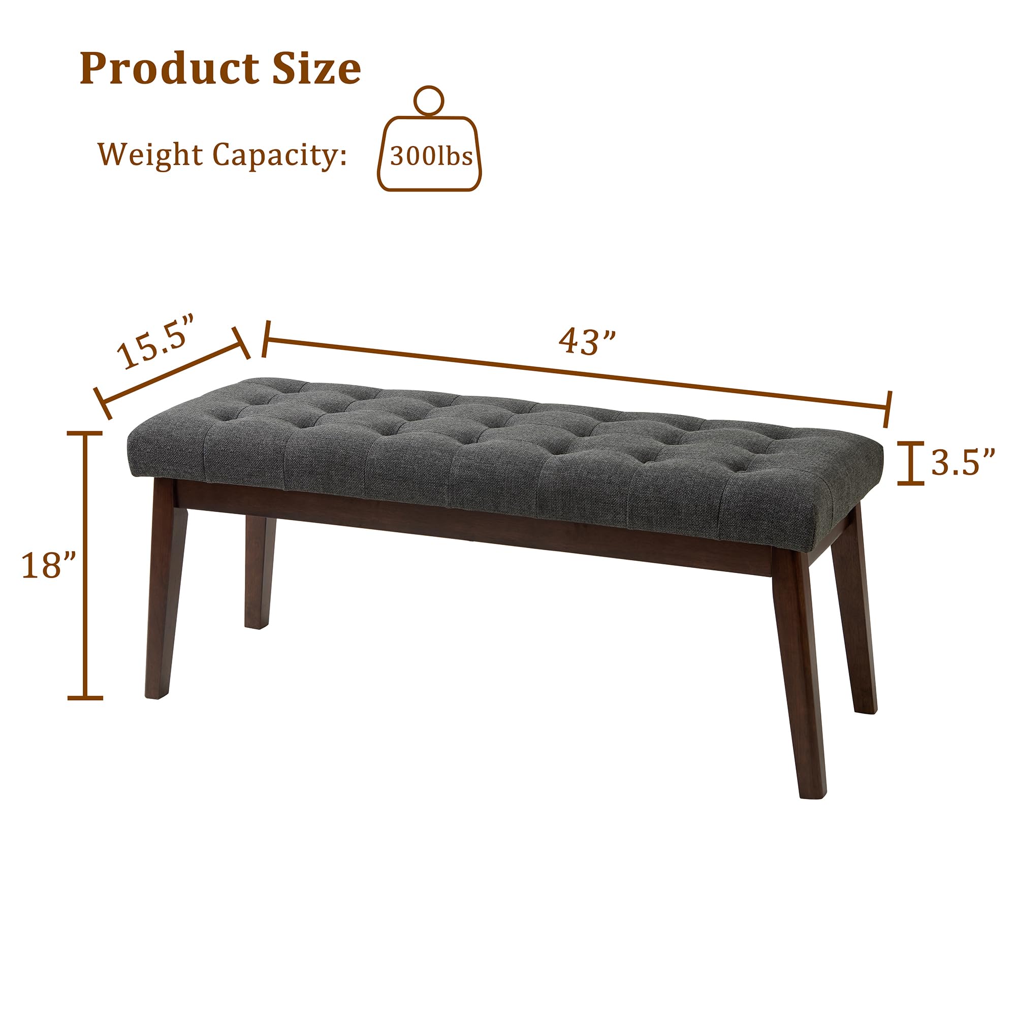 Linen Upholstered Tufted Bedroom Bench with Solid Wood Legs - Dark Gray Storage Bench for End of Bed, Living Room & Entryway | Perfect for Seating, Decor & Extra Storage