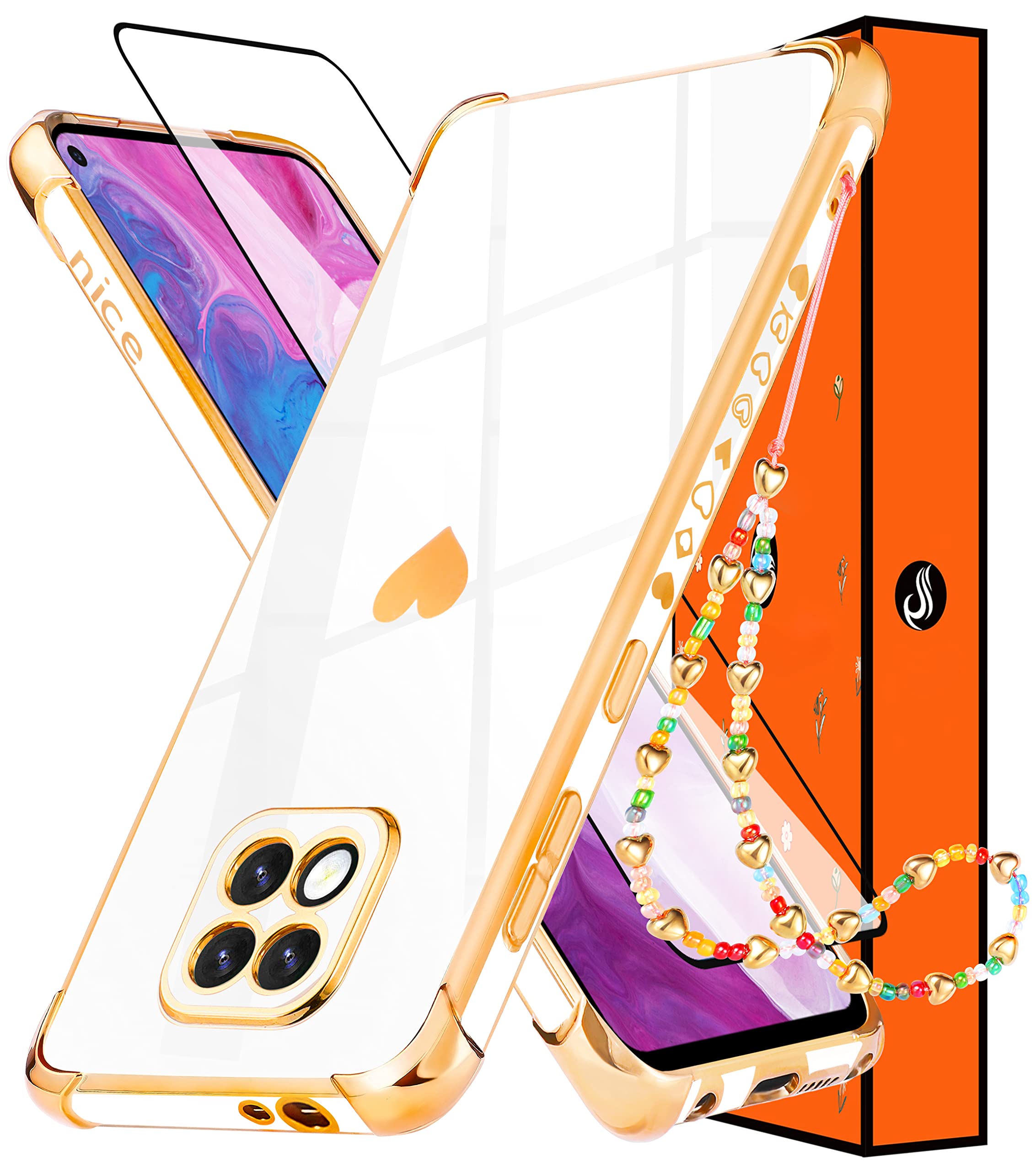 3-in-1 Luxury Heart Pattern Phone Case for Motorola Moto G Power 2021 (6.6 Inch) - Cute Aesthetic Love Design with Screen Protector & Chain - Perfect Gift for Women & Girls | Everyday Protection & Stylish Accessory