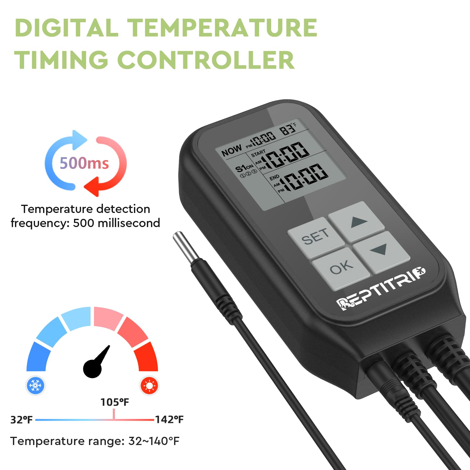 Reptile Thermostat & Light Timer - Digital Temperature Controller for UVB Light, Heat Lamp & Heating Pad - 10A 1250W Day/Night Cycle Thermostat with Thermometer - Perfect for Terrariums, Vivariums & Reptile Habitats