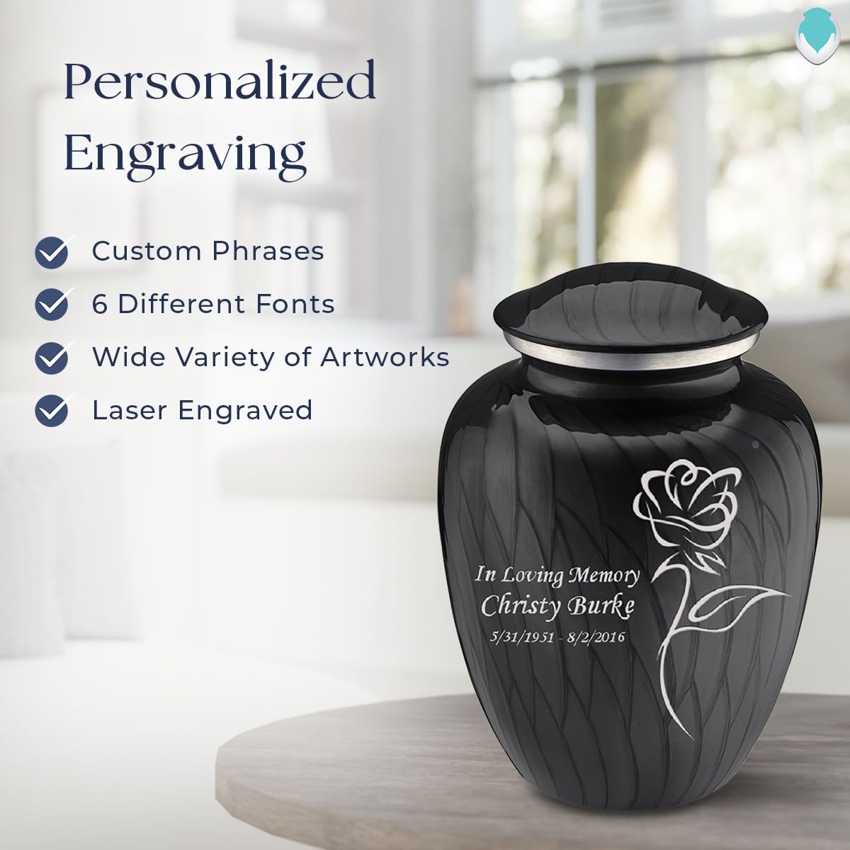 Personalized Rose Cremation Urn for Human Ashes - Large Pearl Black Funeral Urn for Adults with Double-Side Engraving - Holds 200 lbs - Perfect for Memorial Services, Home Display & Honoring Loved Ones