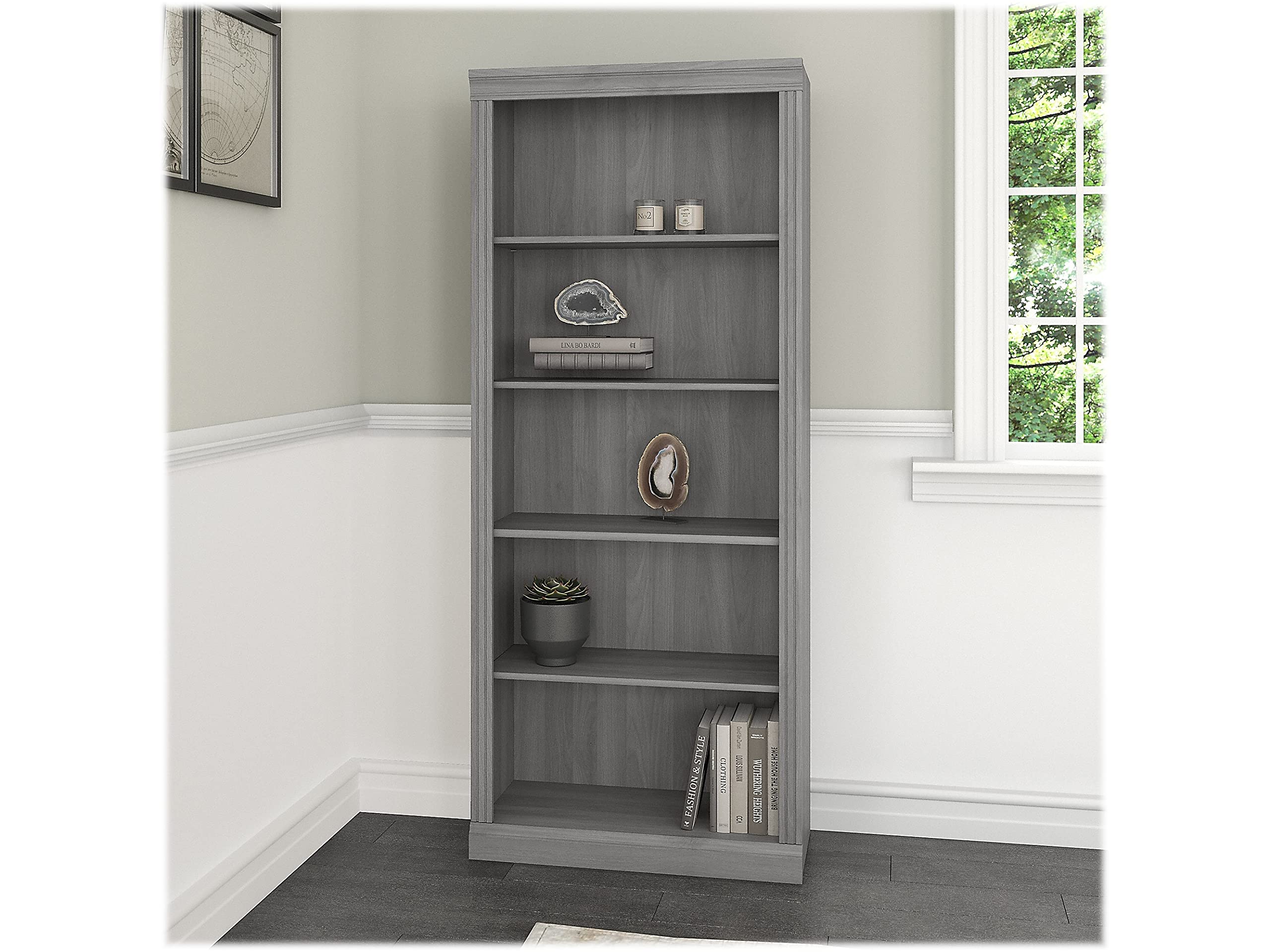 Bush Furniture Saratoga 5-Shelf Tall Bookcase in Modern Gray - Home Office Organizer & Vertical Storage for Books, Office Supplies | Perfect for Living Room, Study, or Workspace