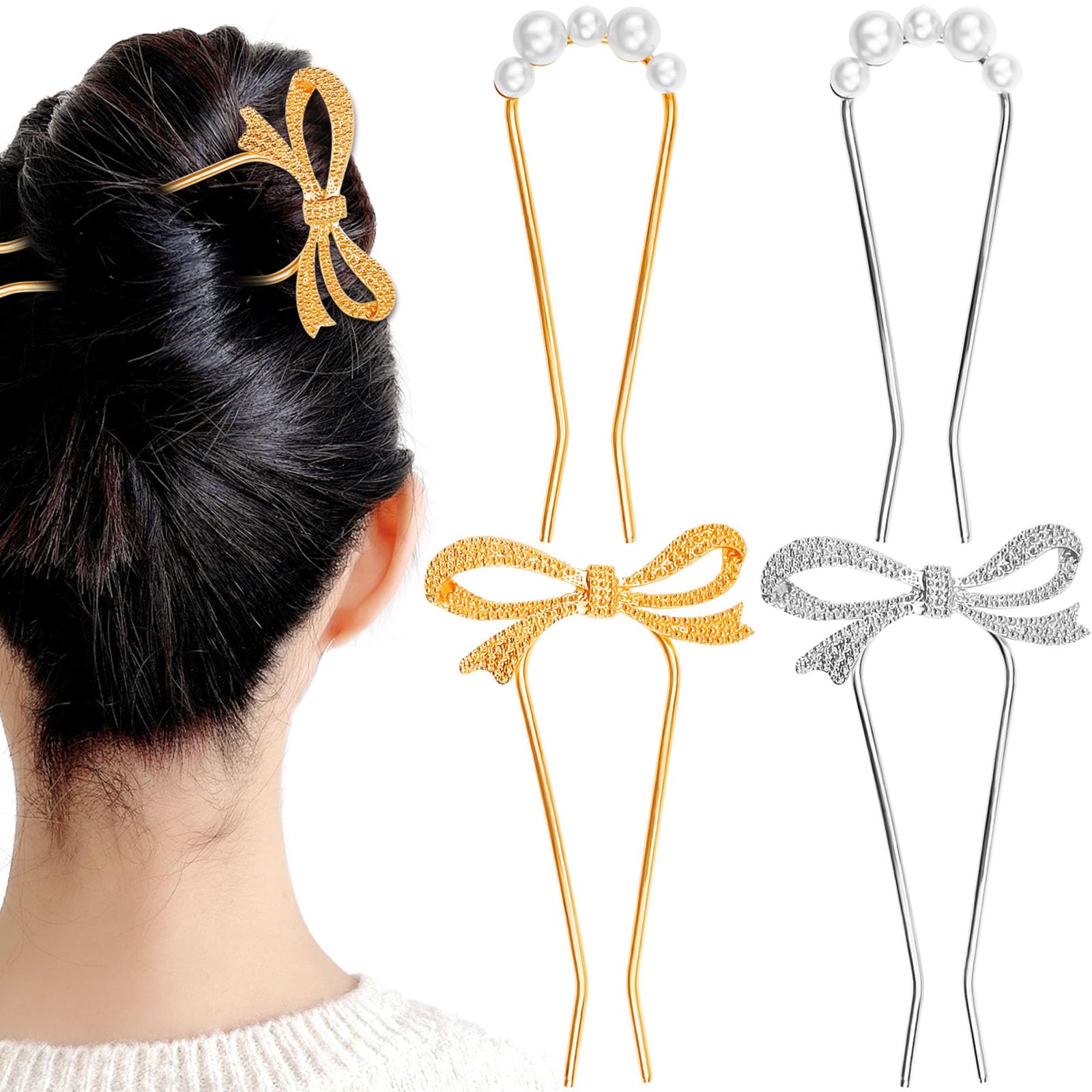 4 Pack Pearl Rhinestone U-Shape Hair Forks - Wedding Updo Bun Sticks, Bridal Hair Pins for Women & Girls - Perfect for Weddings, Prom, Parties & Formal Events