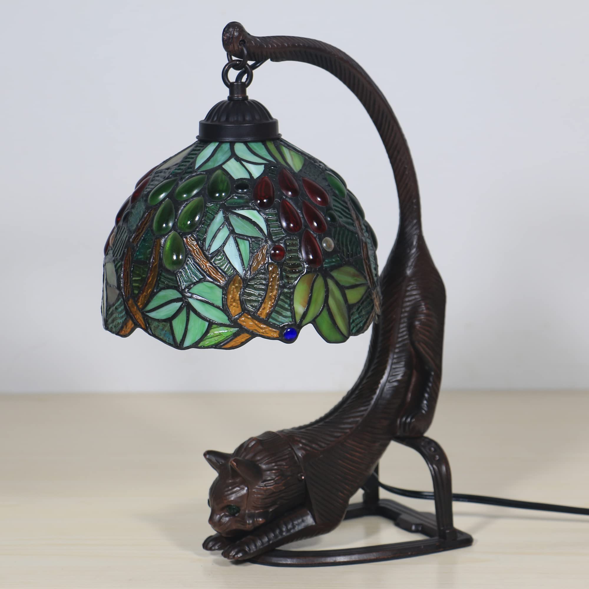 8 Inch Tiffany Style Table Lamp - Green Grapes Stained Glass Desk Lamp with Alloy Cat Base, E26 MAX40W for Living Room, Bedroom & Bedside Decor | Perfect for Home Office, Reading Nook & Cozy Ambiance