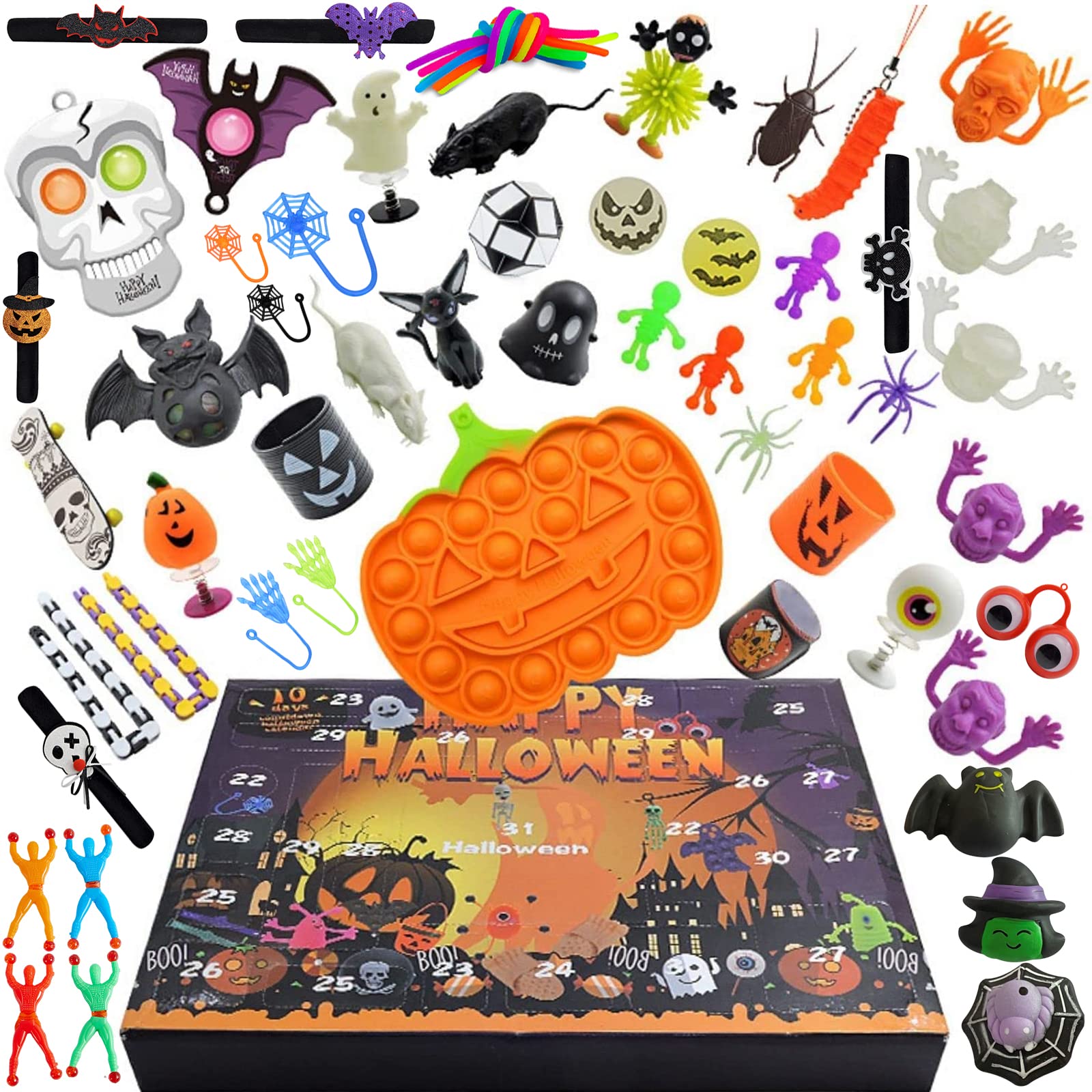 58 Pcs Halloween Fidget Toys Pack - Stress Relief & Anti-Anxiety Sensory Toys for Kids & Adults with ADHD/Autism - Blind Box Advent Calendar Set (Pumpkin Theme) - Perfect for Classroom Rewards, Party Favors & Sensory Therapy
